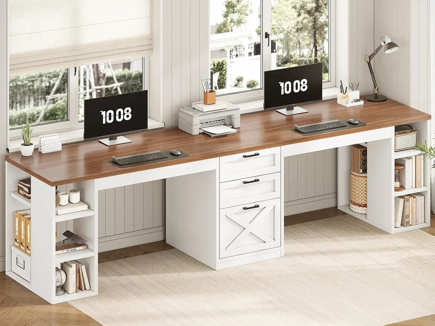 Farmhouse Computer Desk With Drawers And Storage Shelves For Home Office