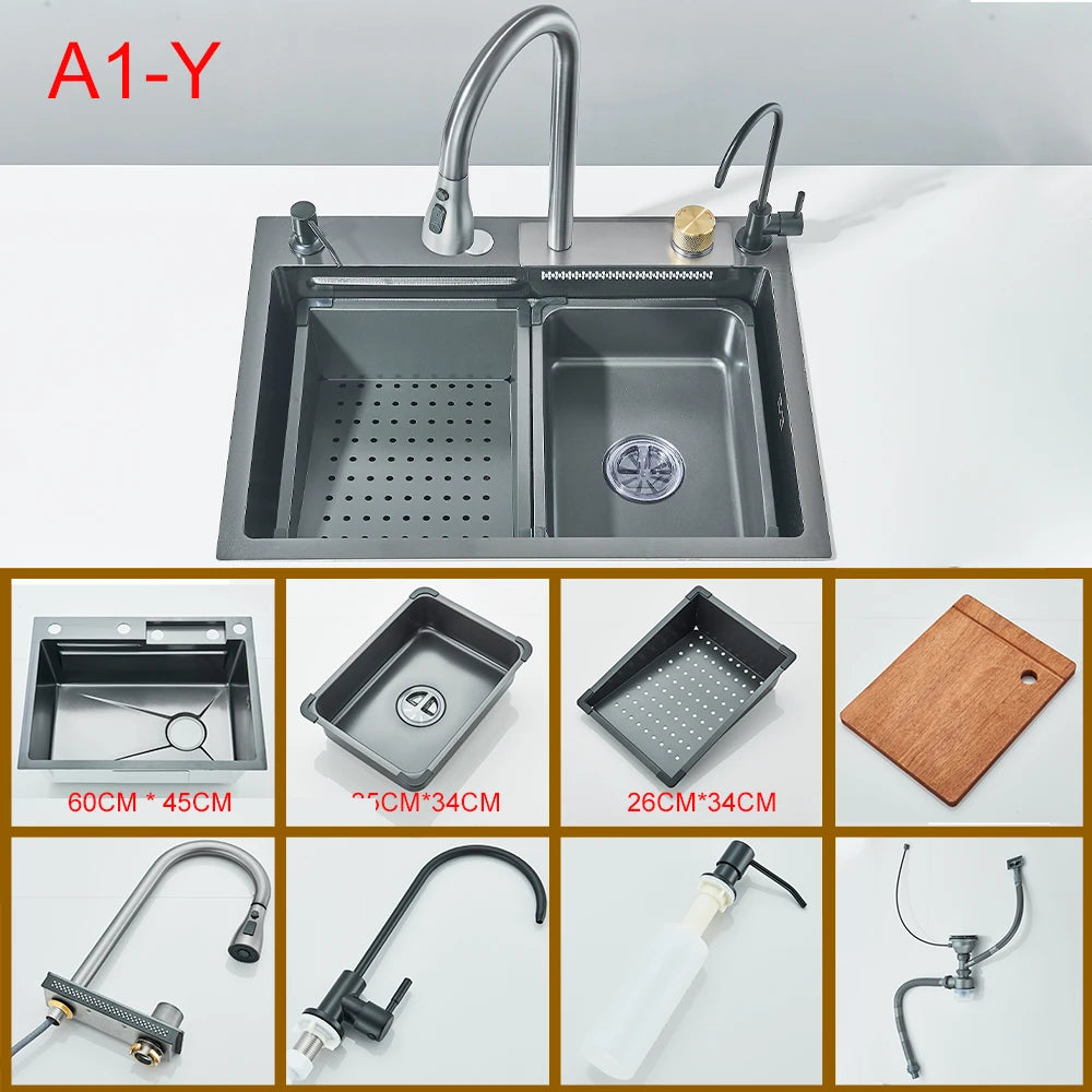 Multifunctional Kitchen Waterfall Sink With Digital Display, 304 Stainless Steel