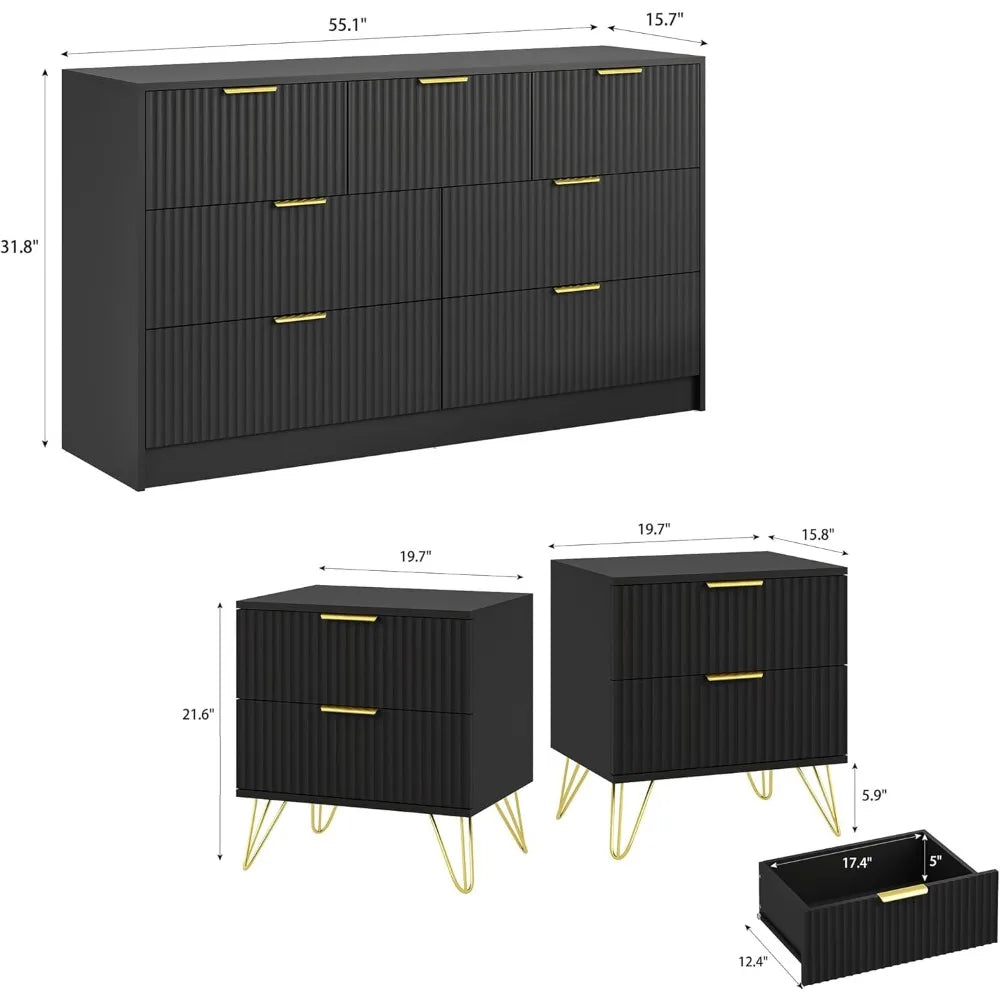 RBXC 7 Drawer Dresser And Nightstand Set With Gold Handles