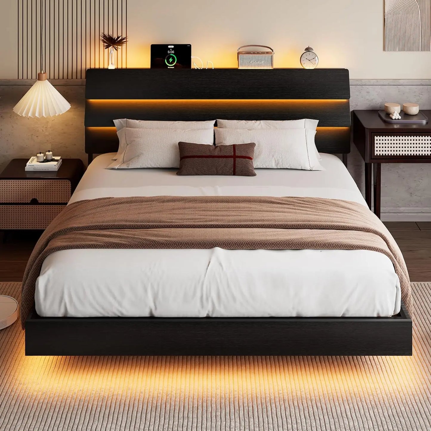LED Headboard Floating Bed Frame With USB Charging Station Integrated
