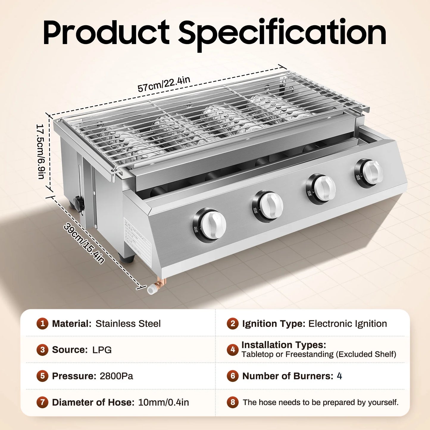 Portable Four Burner Propane Grill Smokeless Removable Outdoor Barbecue