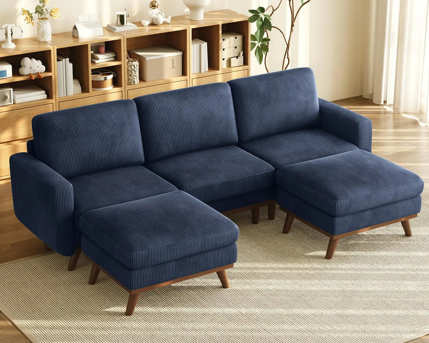 L Shape Modular Sectional Sofa 3 Seat Corduroy Movable Ottoman