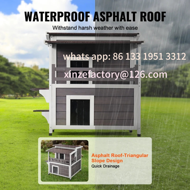 Weatherproof Outdoor Cat House Two Story Wooden Shelter With Balcony