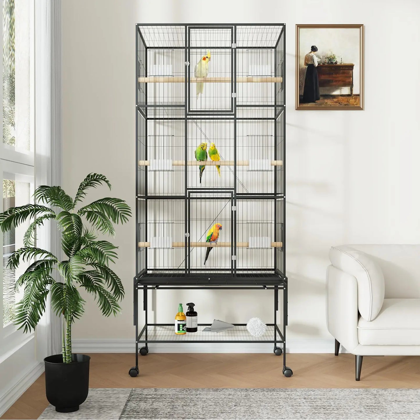 HiMISS Multi-Tier Bird Cage With Detachable Stand And Wheels