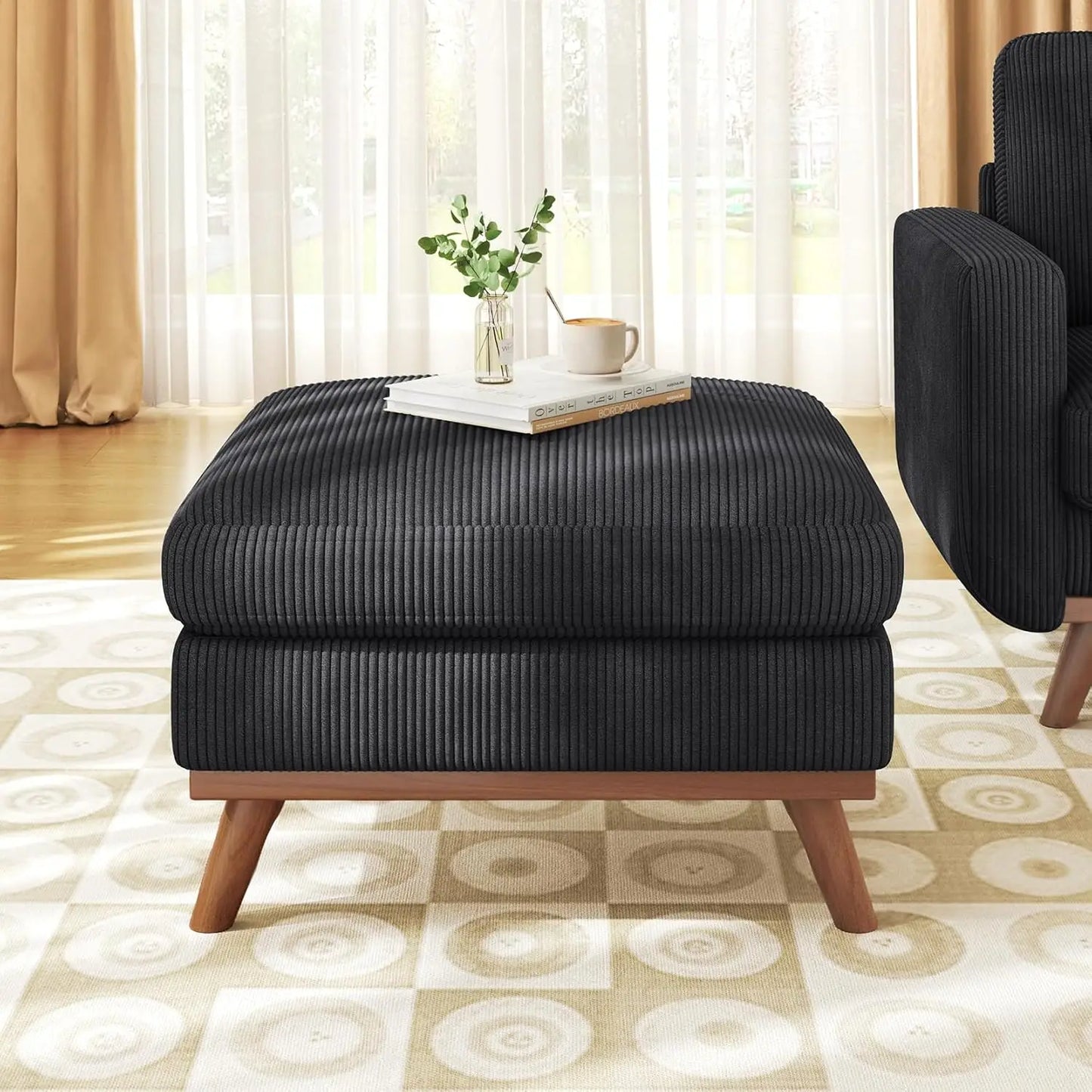L Shape Modular Sectional Sofa 3 Seat Corduroy Movable Ottoman