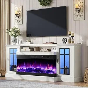 Dafify Modern Glass Fireplace TV Stand With LED Lights