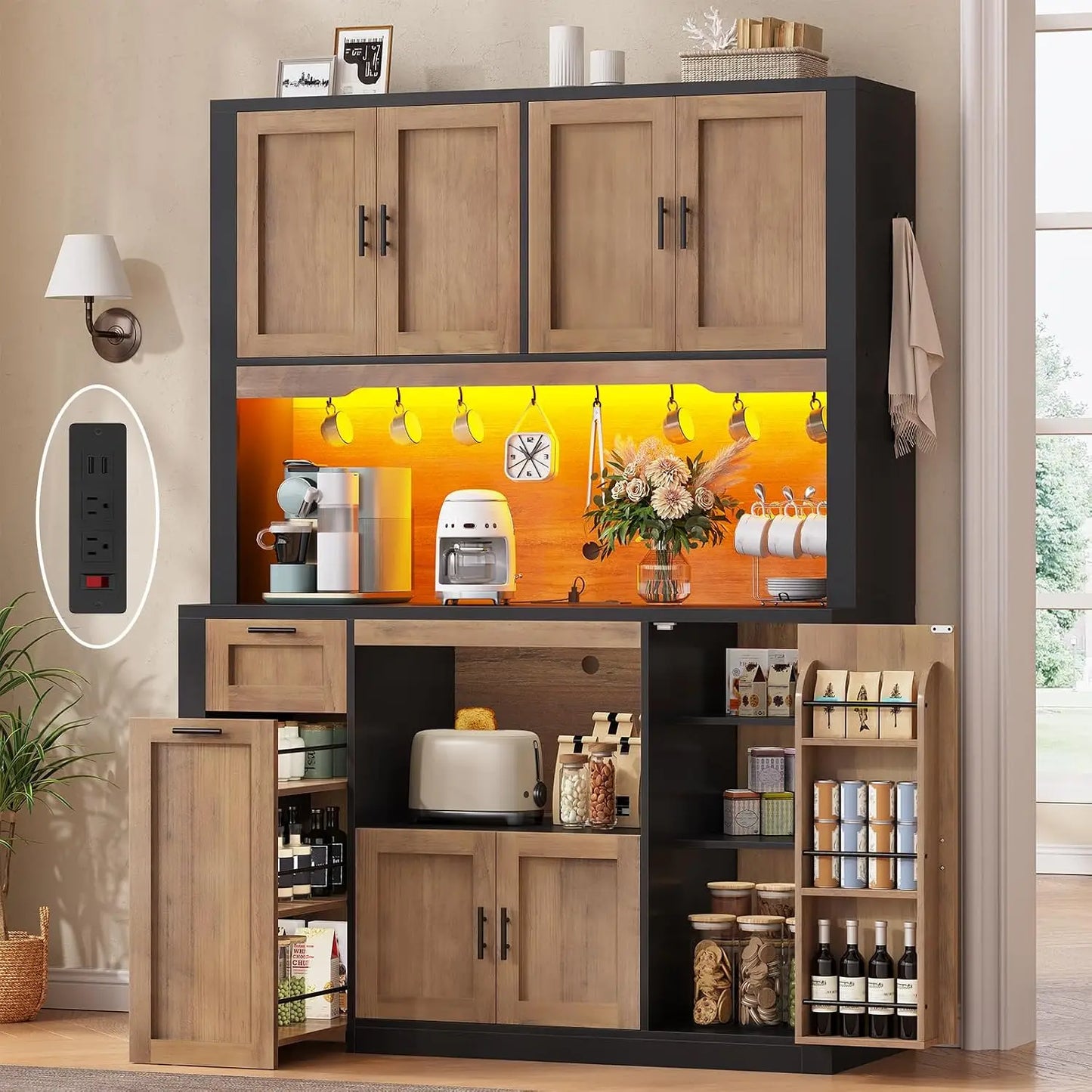 Pantry Cabinet With Charging Station And Lighting Microwave Stand