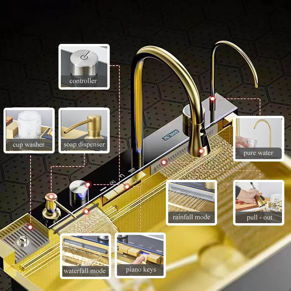 Multifunctional Kitchen Waterfall Sink With Digital Display, 304 Stainless Steel