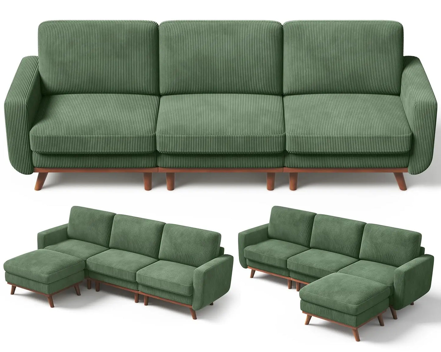 L Shape Modular Sectional Sofa 3 Seat Corduroy Movable Ottoman
