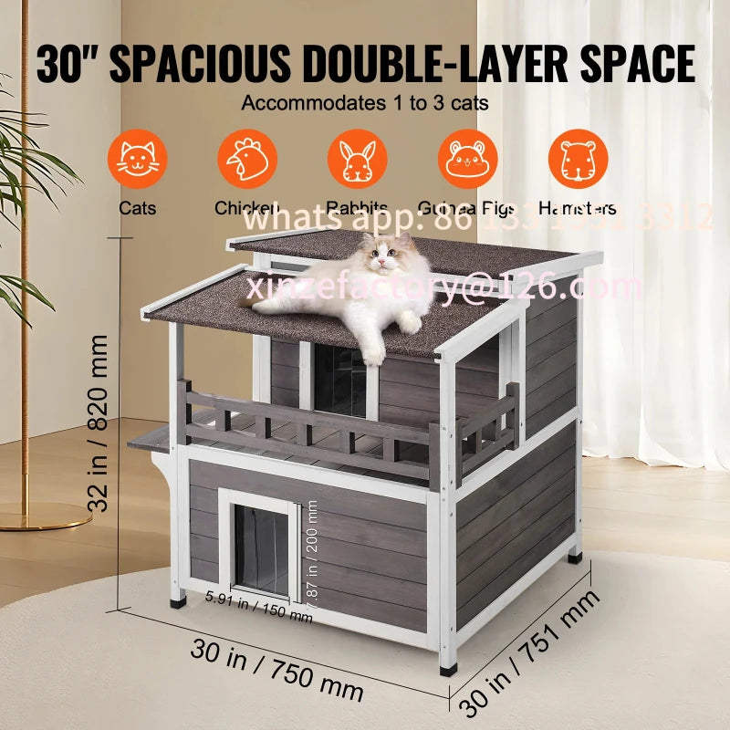 Weatherproof Outdoor Cat House Two Story Wooden Shelter With Balcony