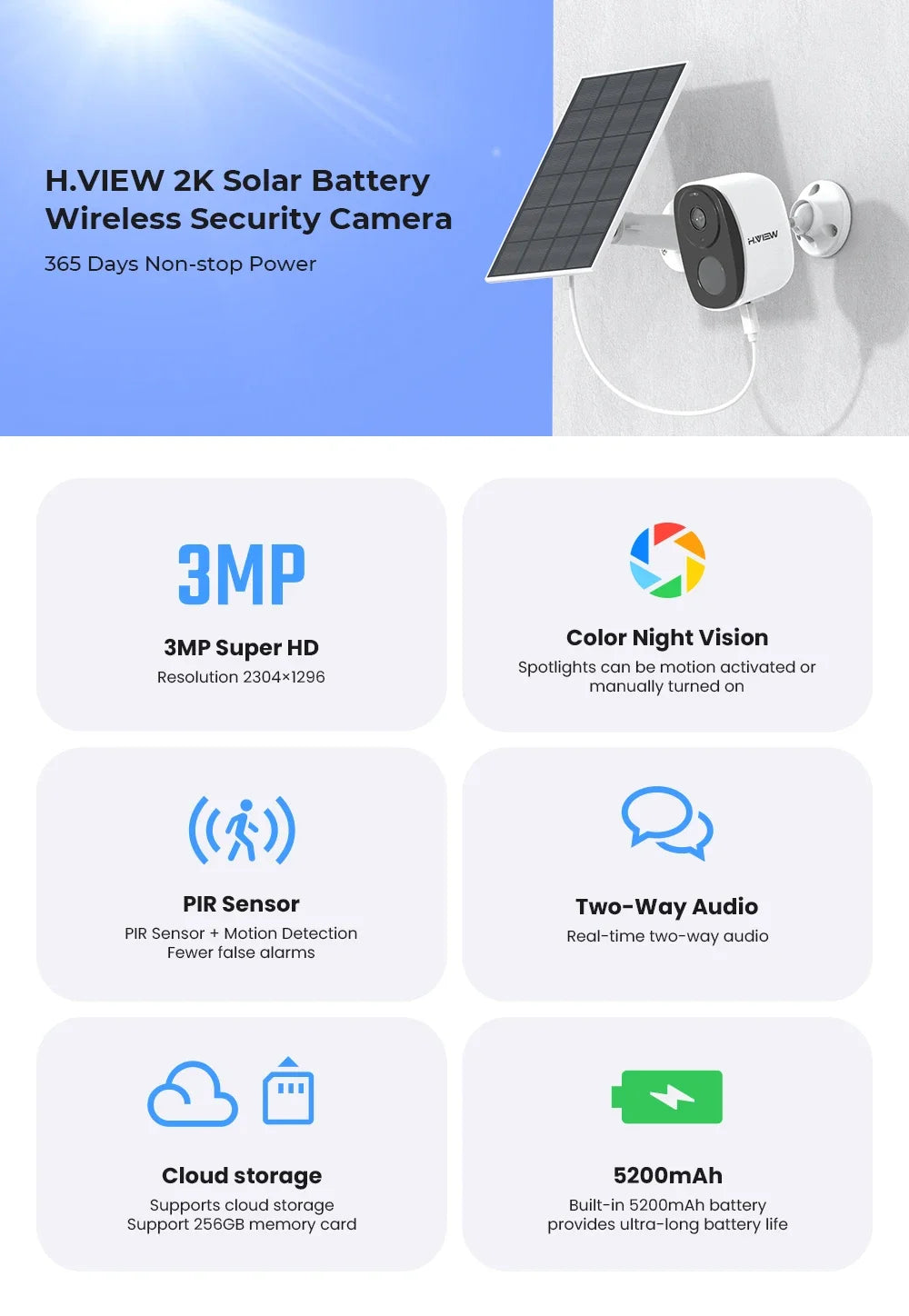 H.VIEW Battery Powered Outdoor WiFi 2K Security Camera With Spotlight