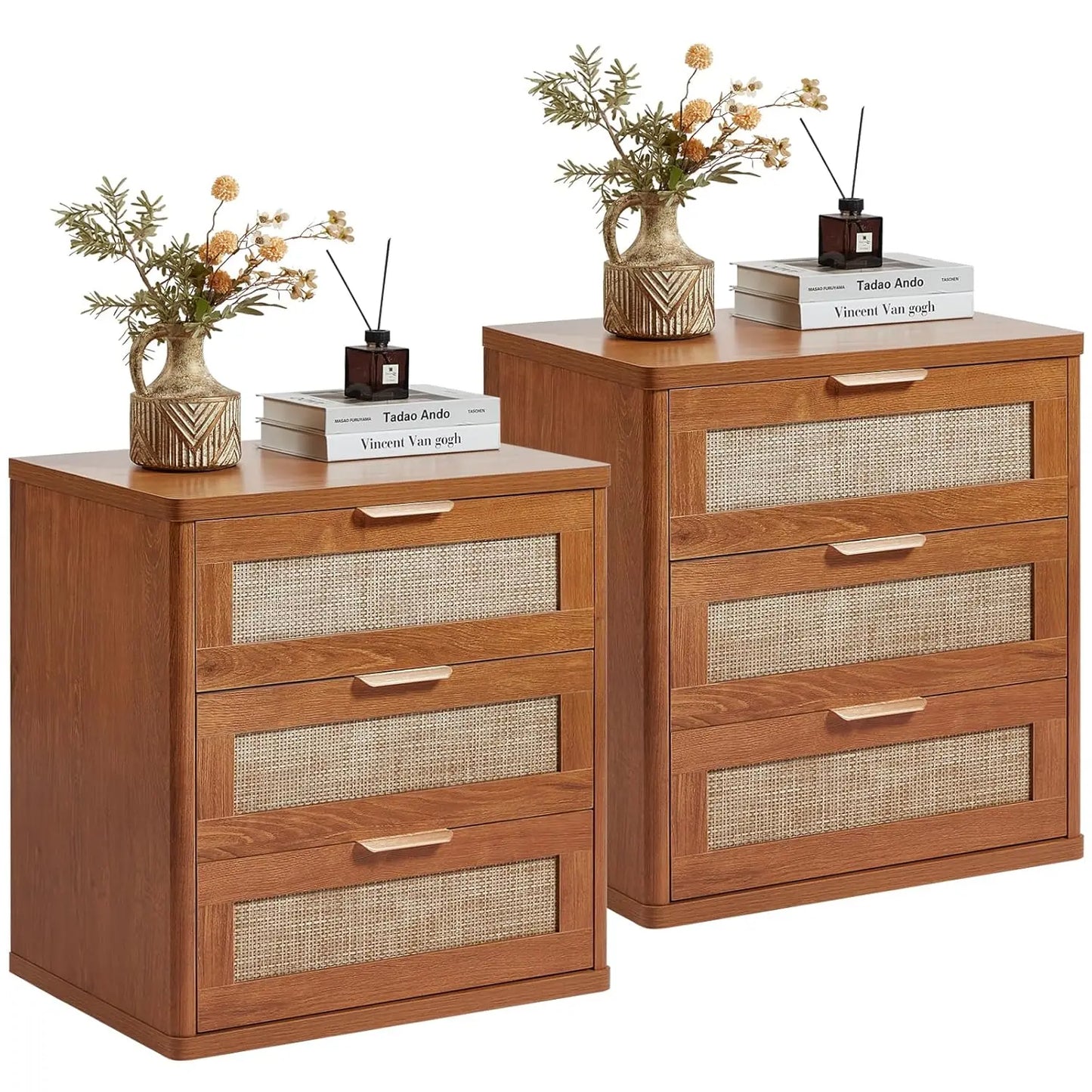 Rattan Nightstand Set Of 2 Boho Natural Wood Bedside Tables With Drawers