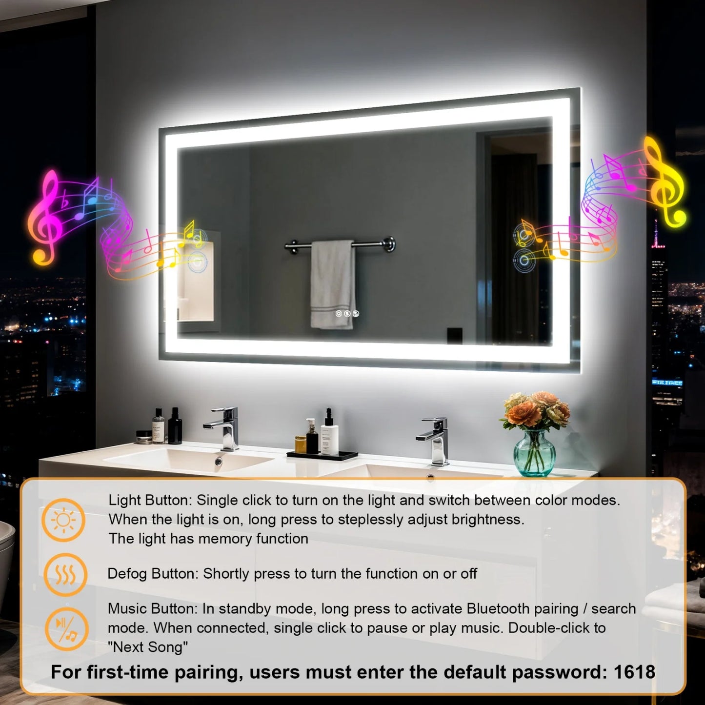 LED Bathroom Mirror With Bluetooth Speaker And Anti Fog Backlit