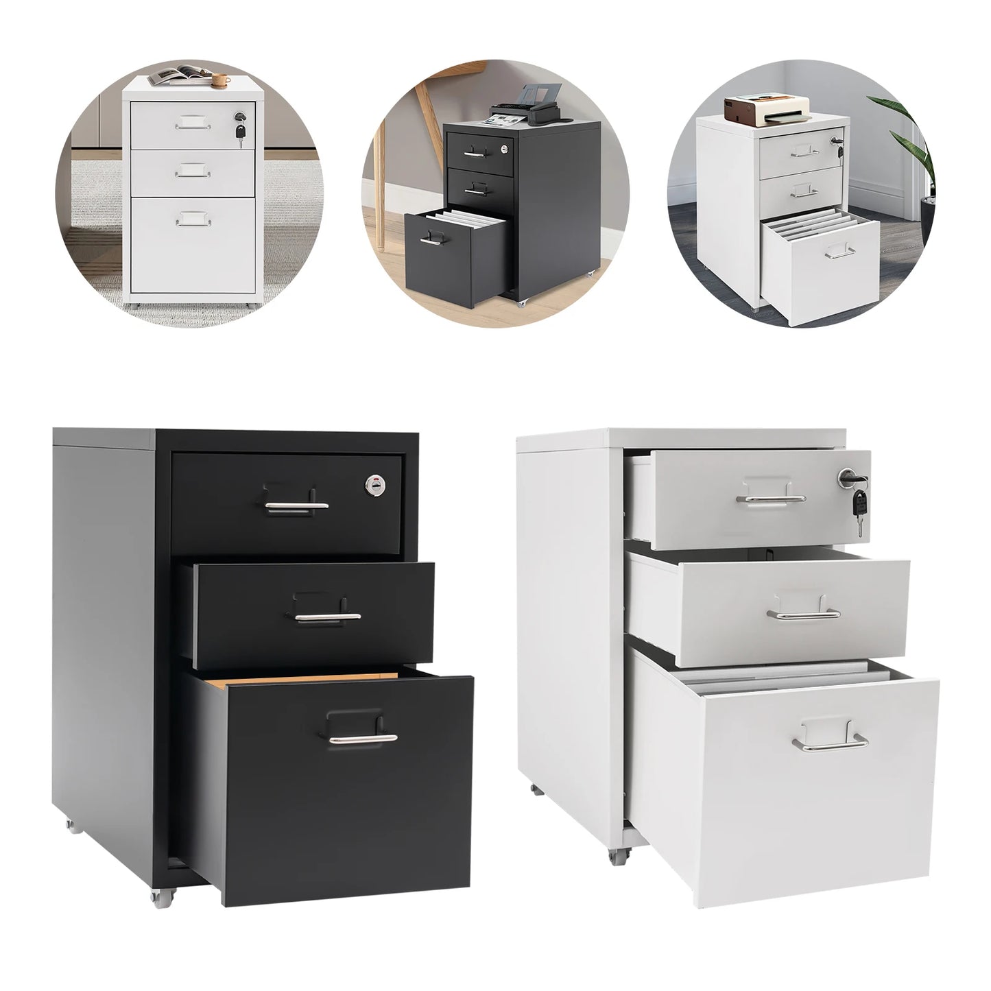 Bymaocar 3 Tier Vertical File Cabinet With Lock On Casters