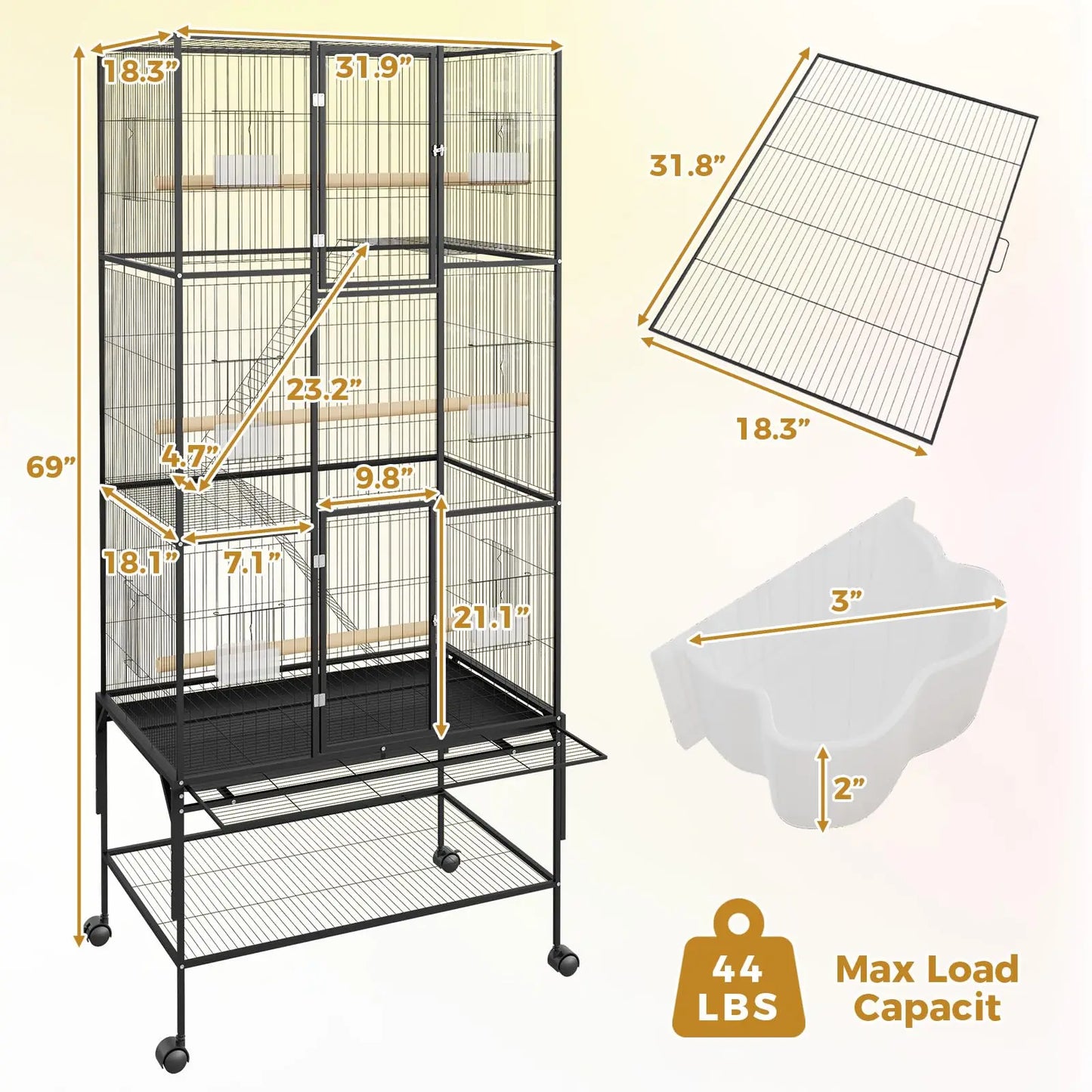 HiMISS Multi-Tier Bird Cage With Detachable Stand And Wheels