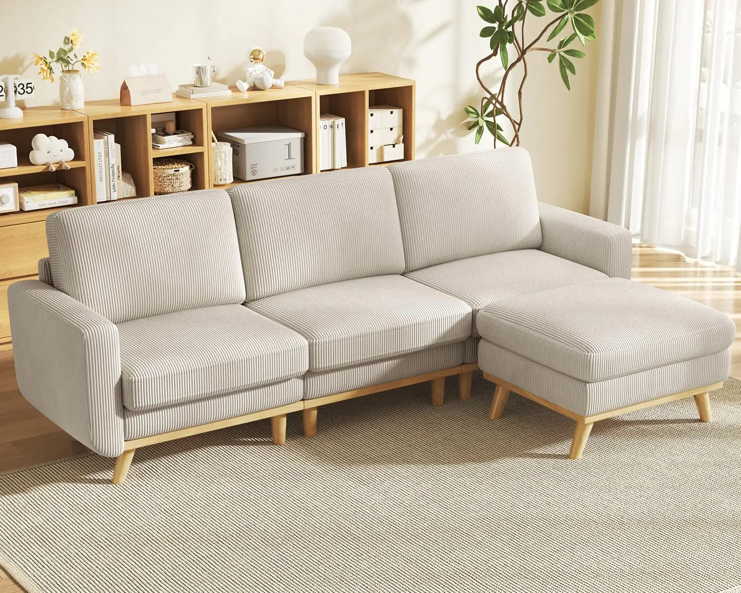 L Shape Modular Sectional Sofa 3 Seat Corduroy Movable Ottoman