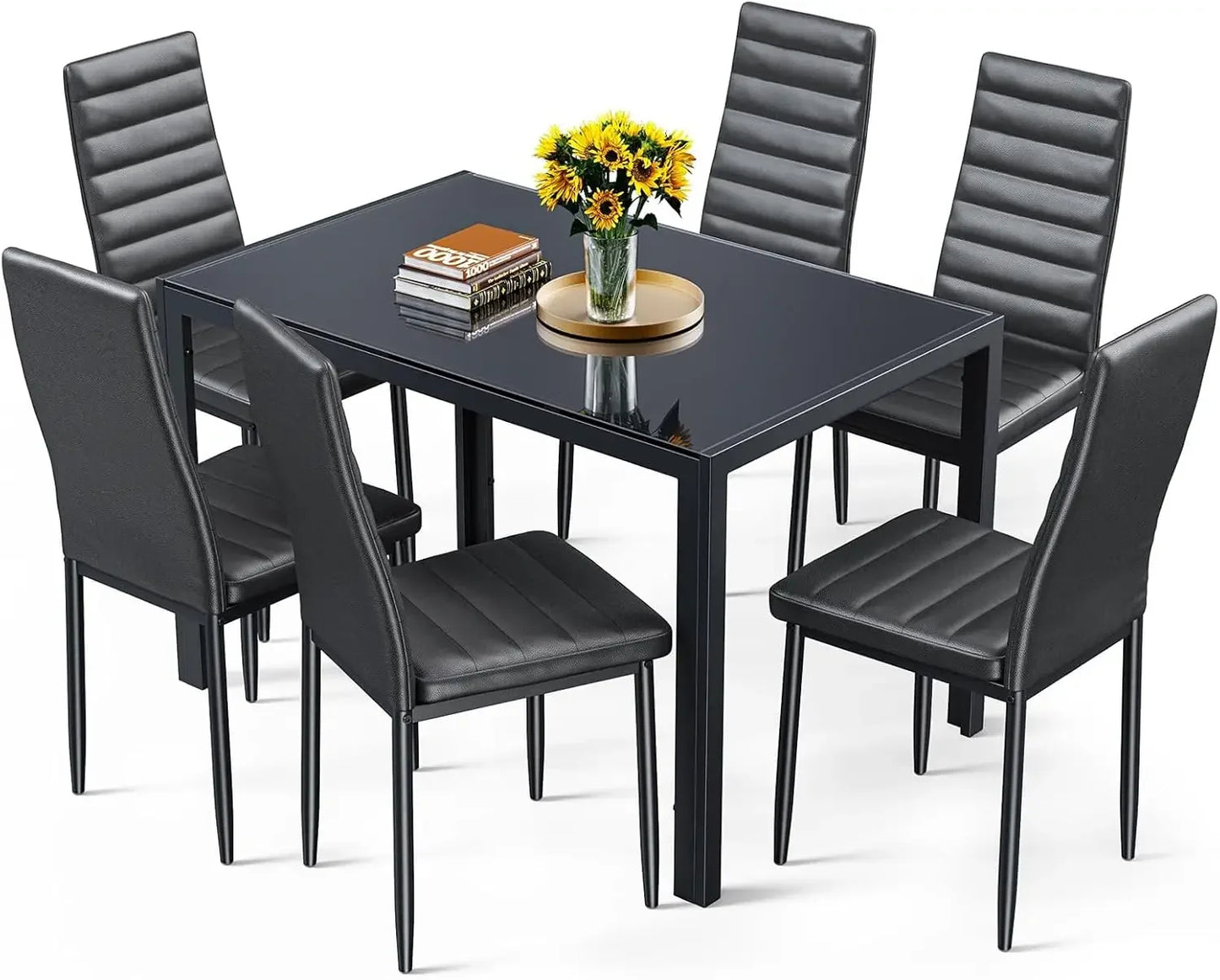 Modern 7 Piece Dining Table Set With Tempered Glass