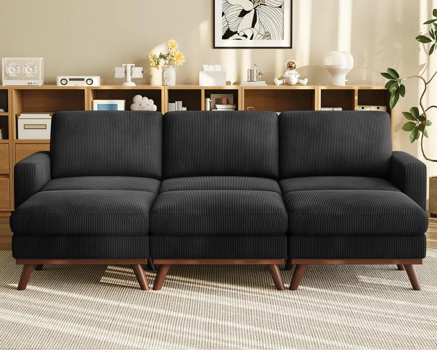 L Shape Modular Sectional Sofa 3 Seat Corduroy Movable Ottoman