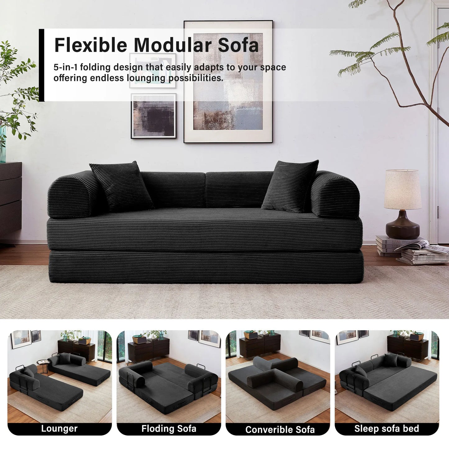 Foldable Convertible Futon Sofa Bed With L Shaped Arms