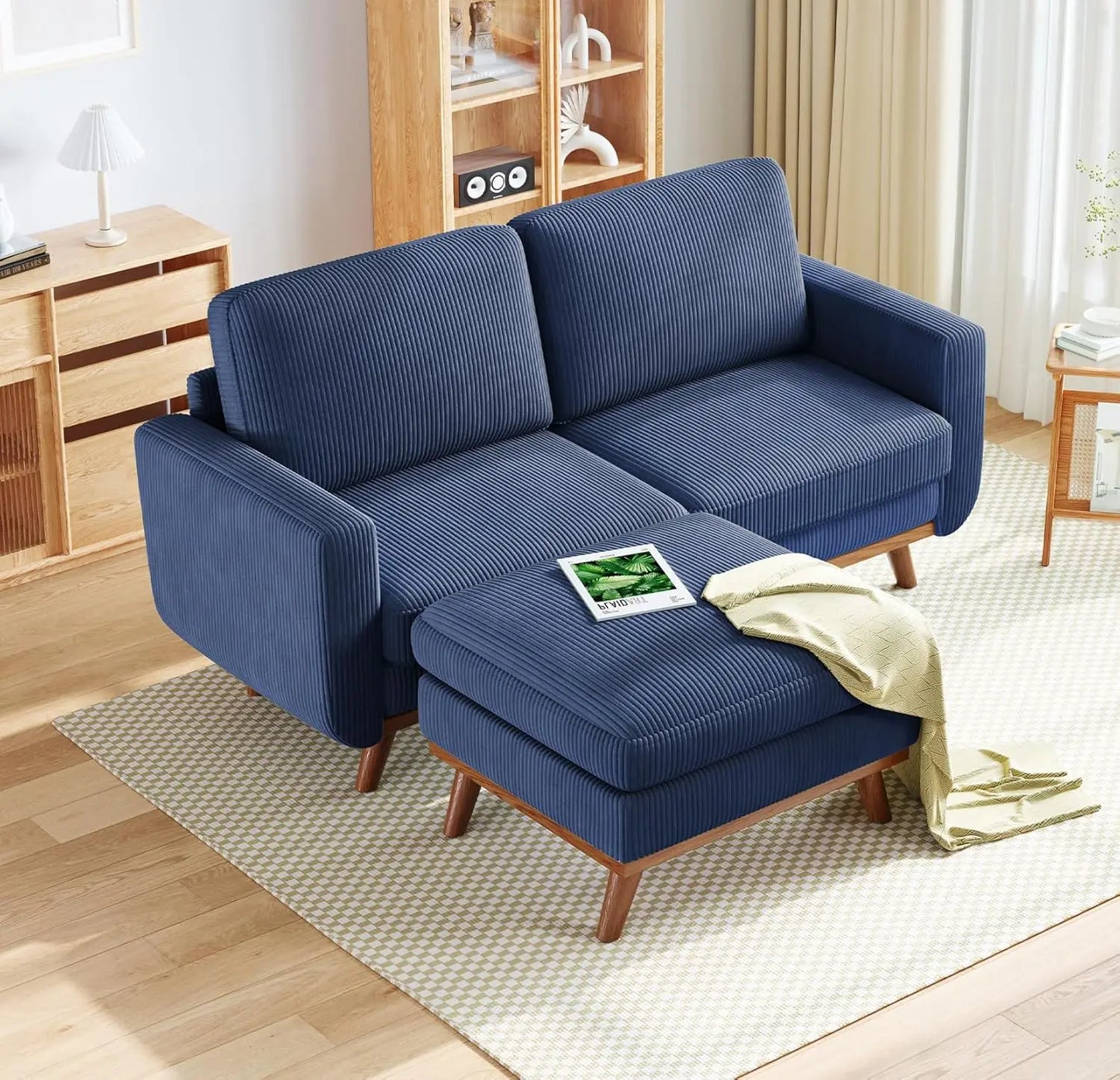 L Shape Modular Sectional Sofa 3 Seat Corduroy Movable Ottoman