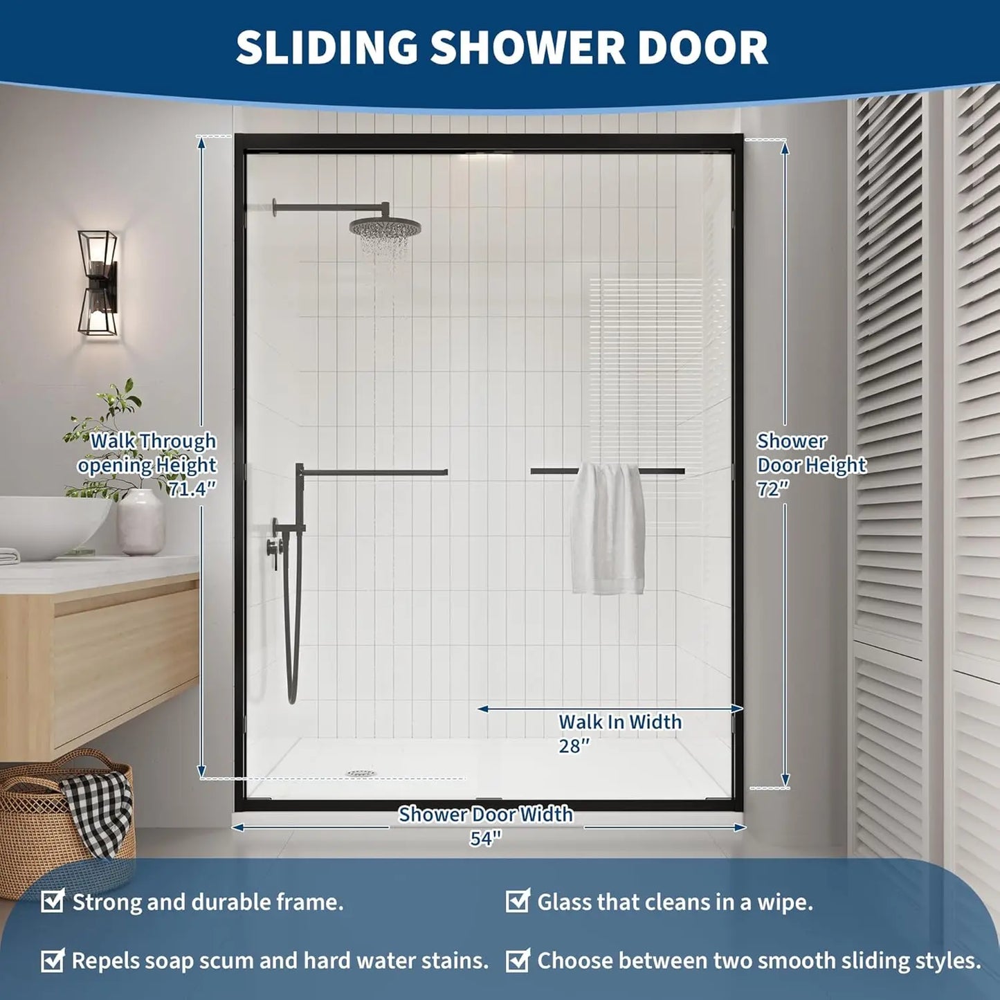 Semi-Frameless Double Sliding Shower Door With Matte Black Frame