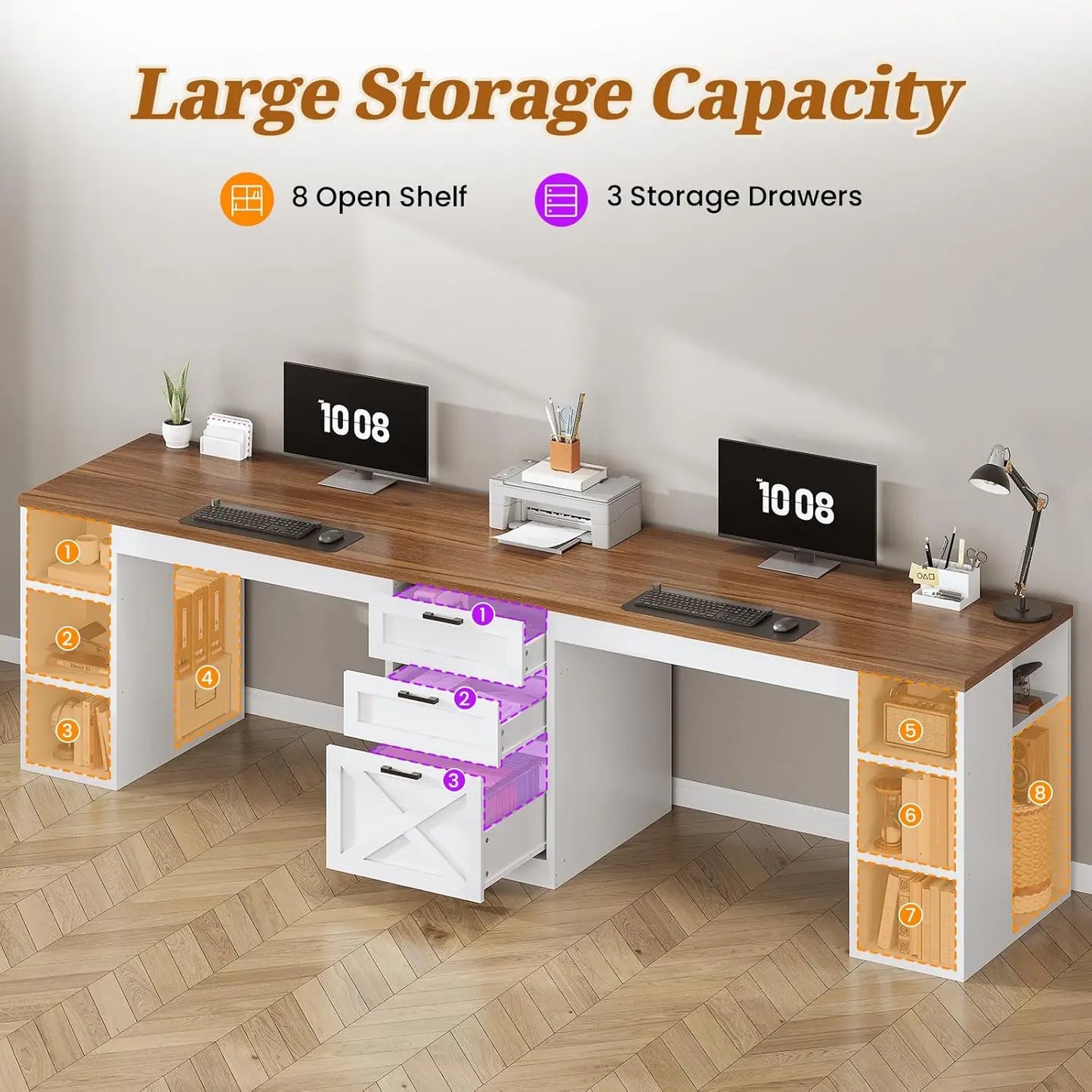 Farmhouse Computer Desk With Drawers And Storage Shelves For Home Office