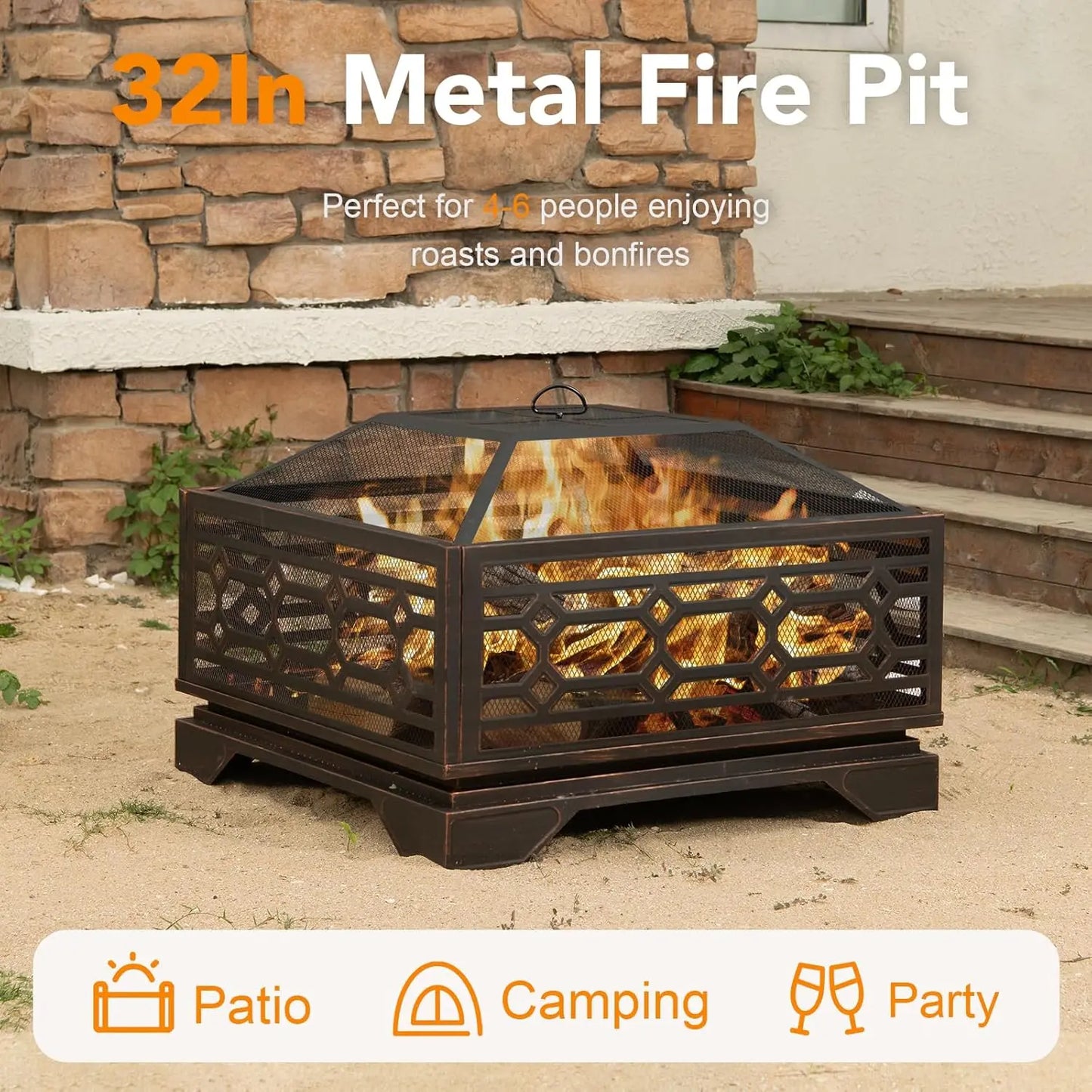 Outdoor Wood Burning Fire Pit With Mesh Cover And Poker