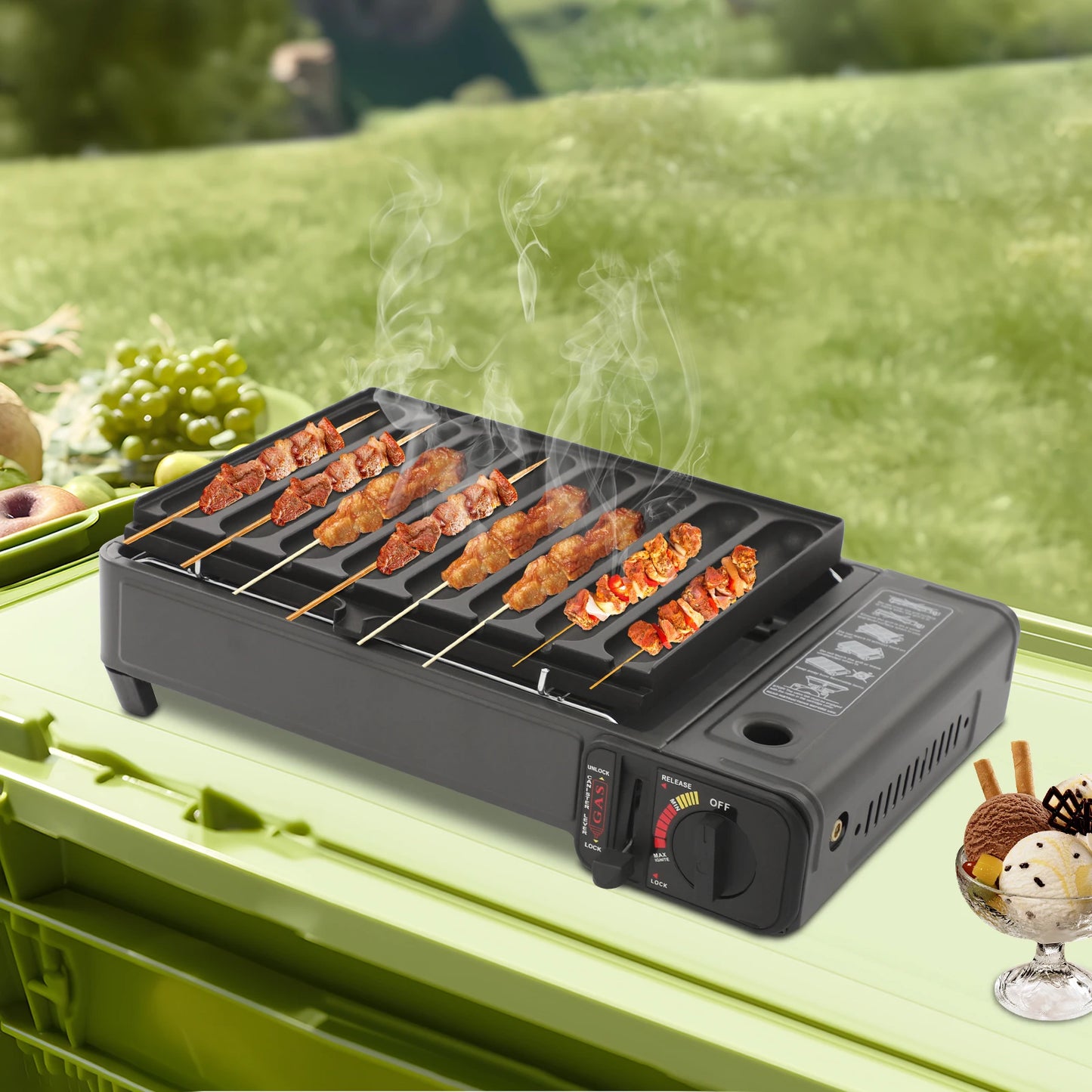 Bymaocar Portable Gas Grill Stove 2.2KW Butane With Sausage Plate