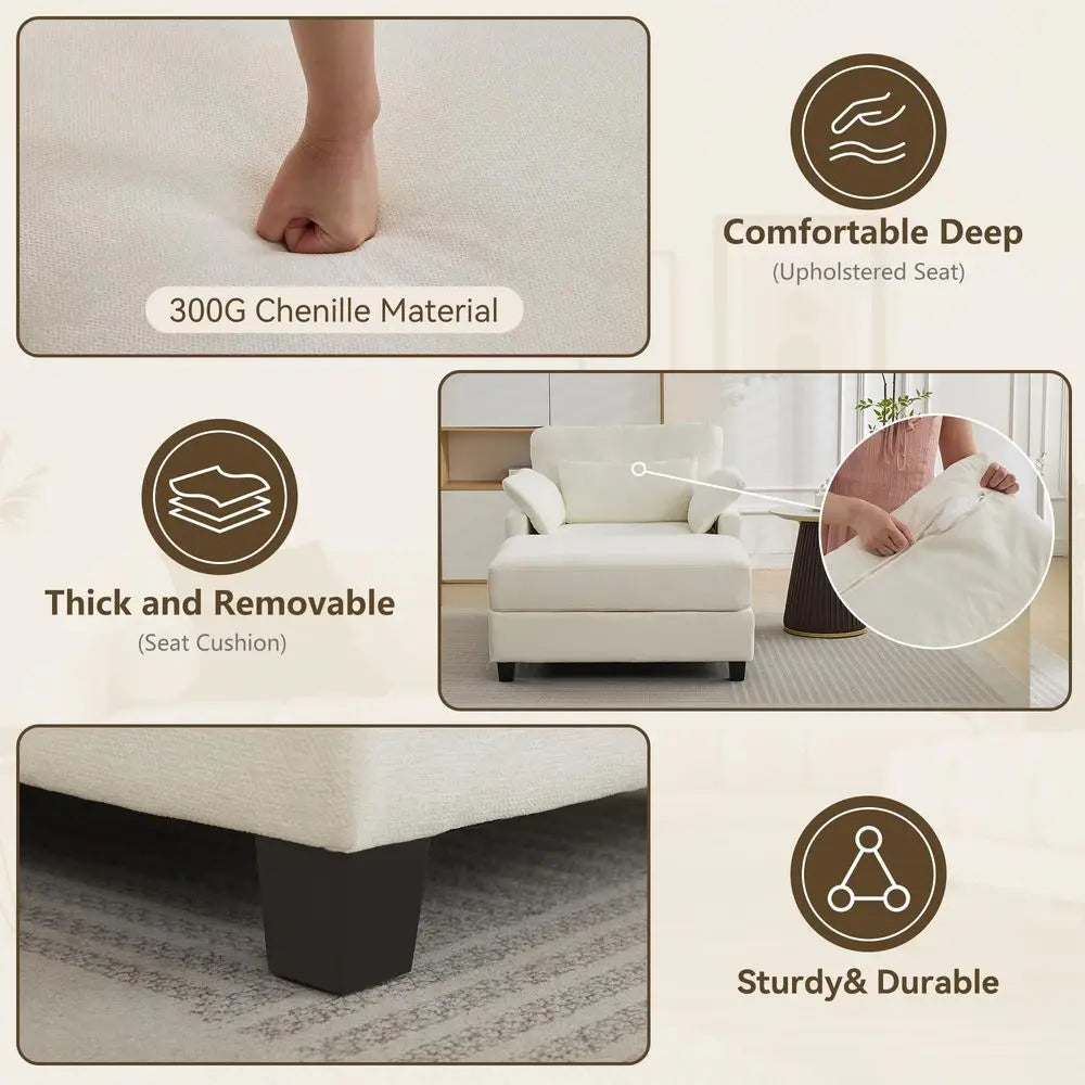 Chenille Chaise Lounge With Ottoman And Sofa Bed For Living Room