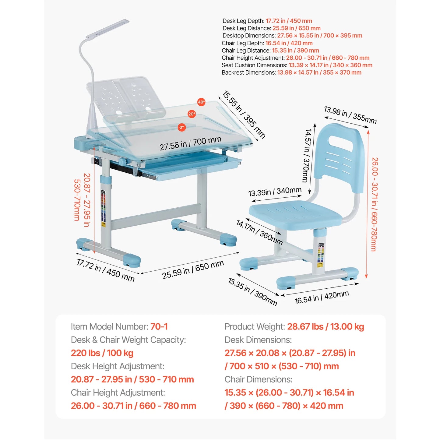 SucceBuy Kids Study Desk and Chair Set with Adjustable Height