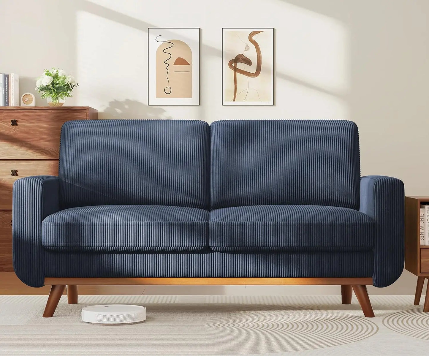L Shape Modular Sectional Sofa 3 Seat Corduroy Movable Ottoman