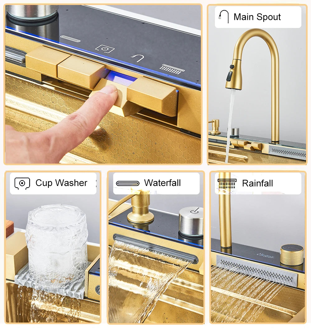 Multifunctional Kitchen Waterfall Sink With Digital Display, 304 Stainless Steel