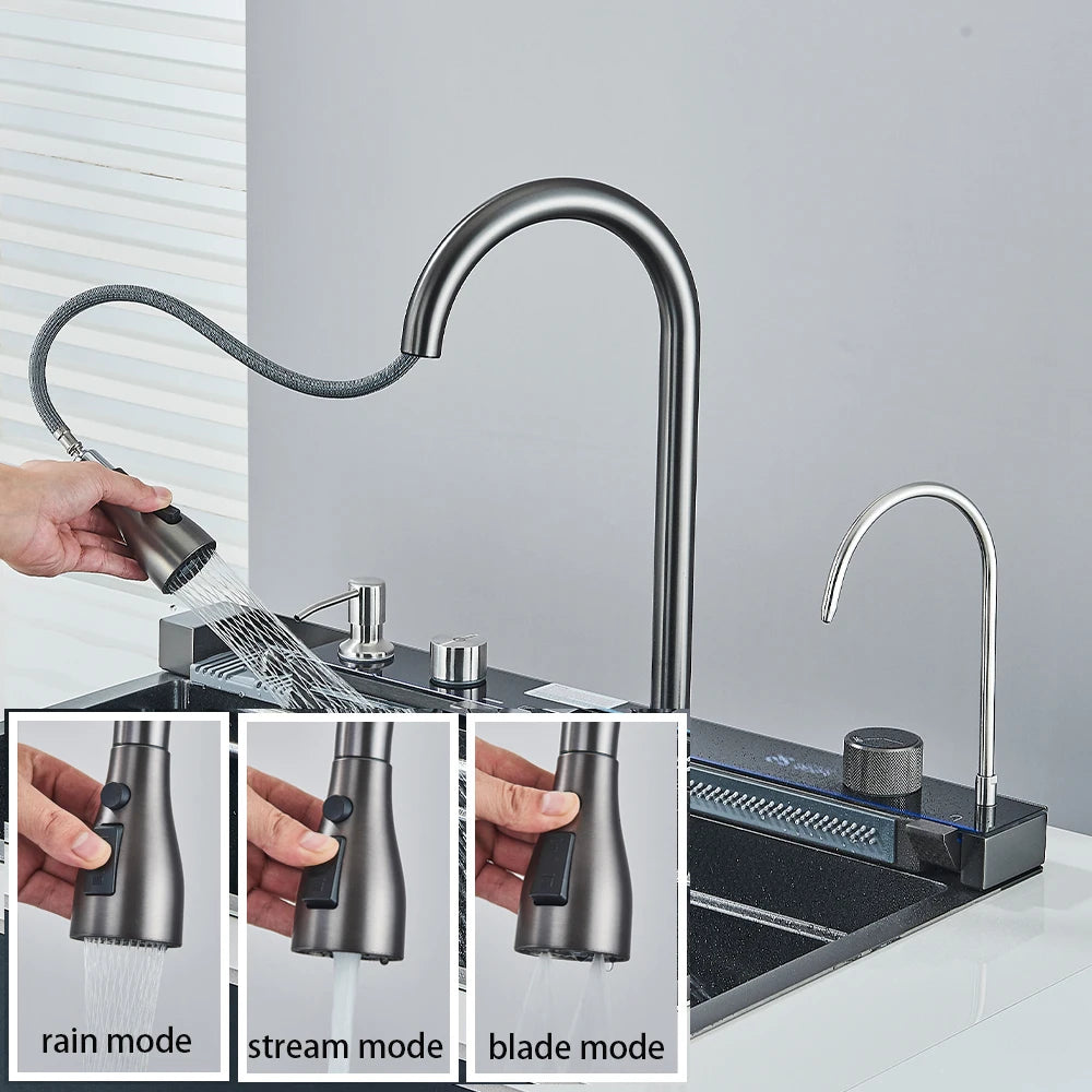 Multifunctional Kitchen Waterfall Sink With Digital Display, 304 Stainless Steel