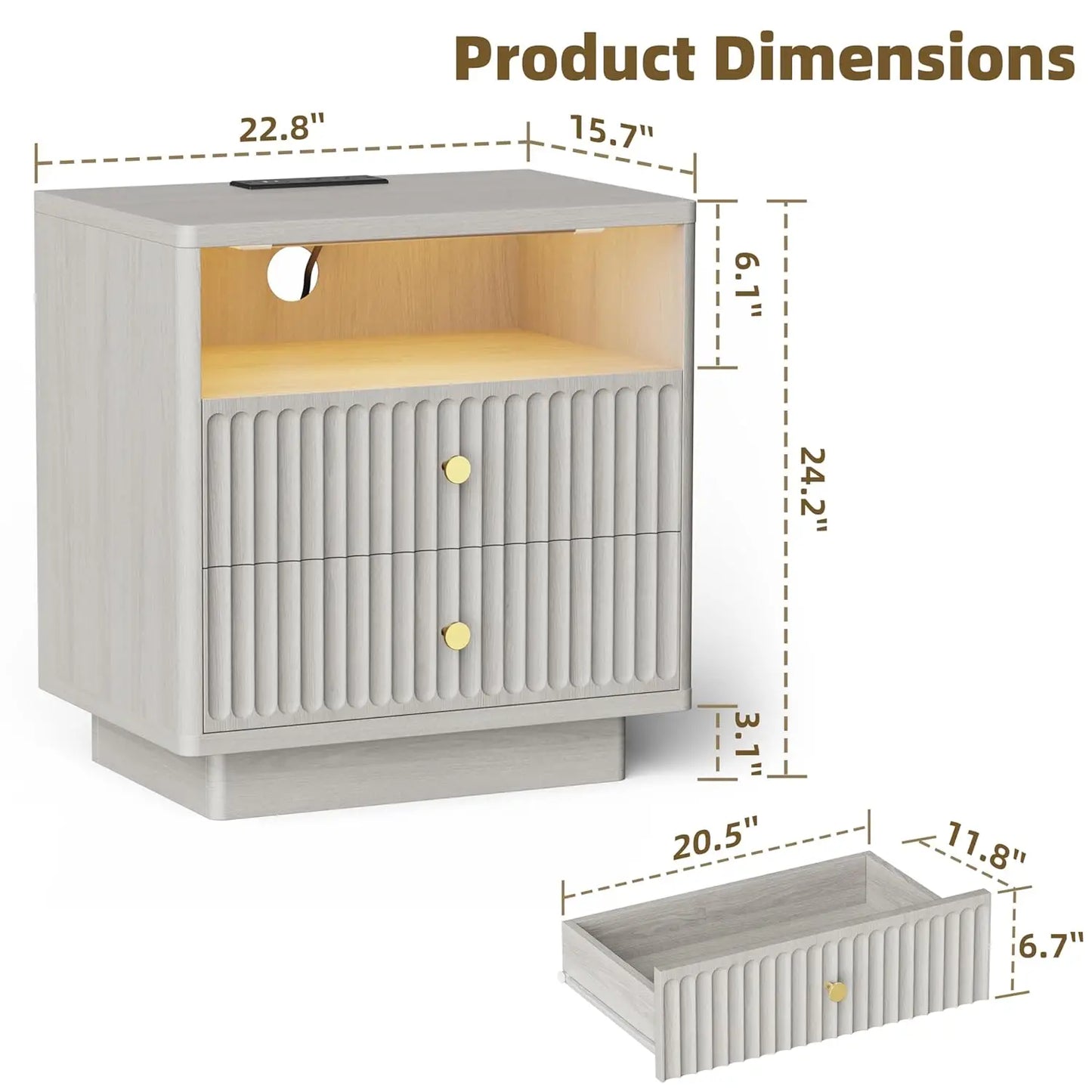 Two-Drawer Nightstand Set With Charging Station And LED Motion Sensor