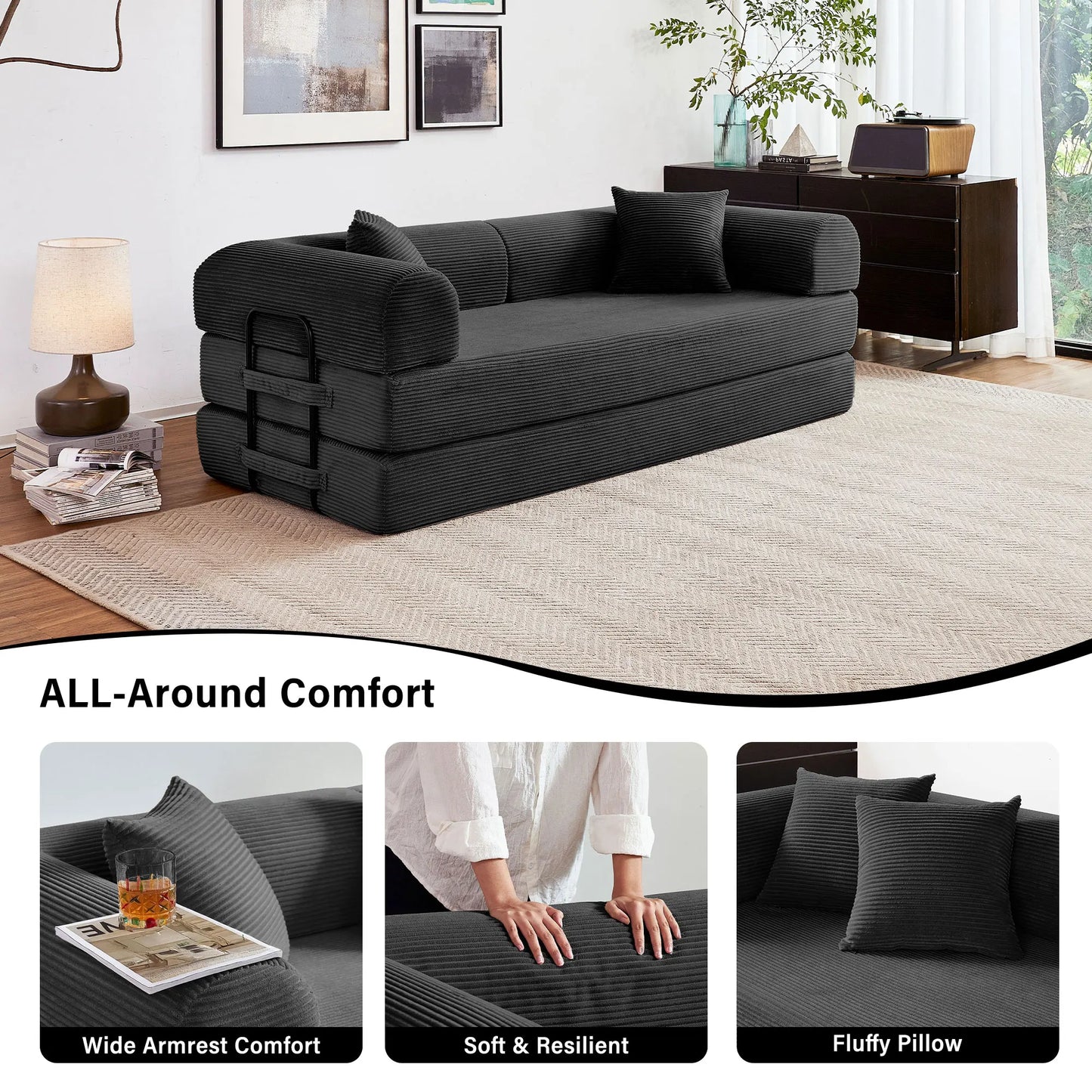 Foldable Convertible Futon Sofa Bed With L Shaped Arms