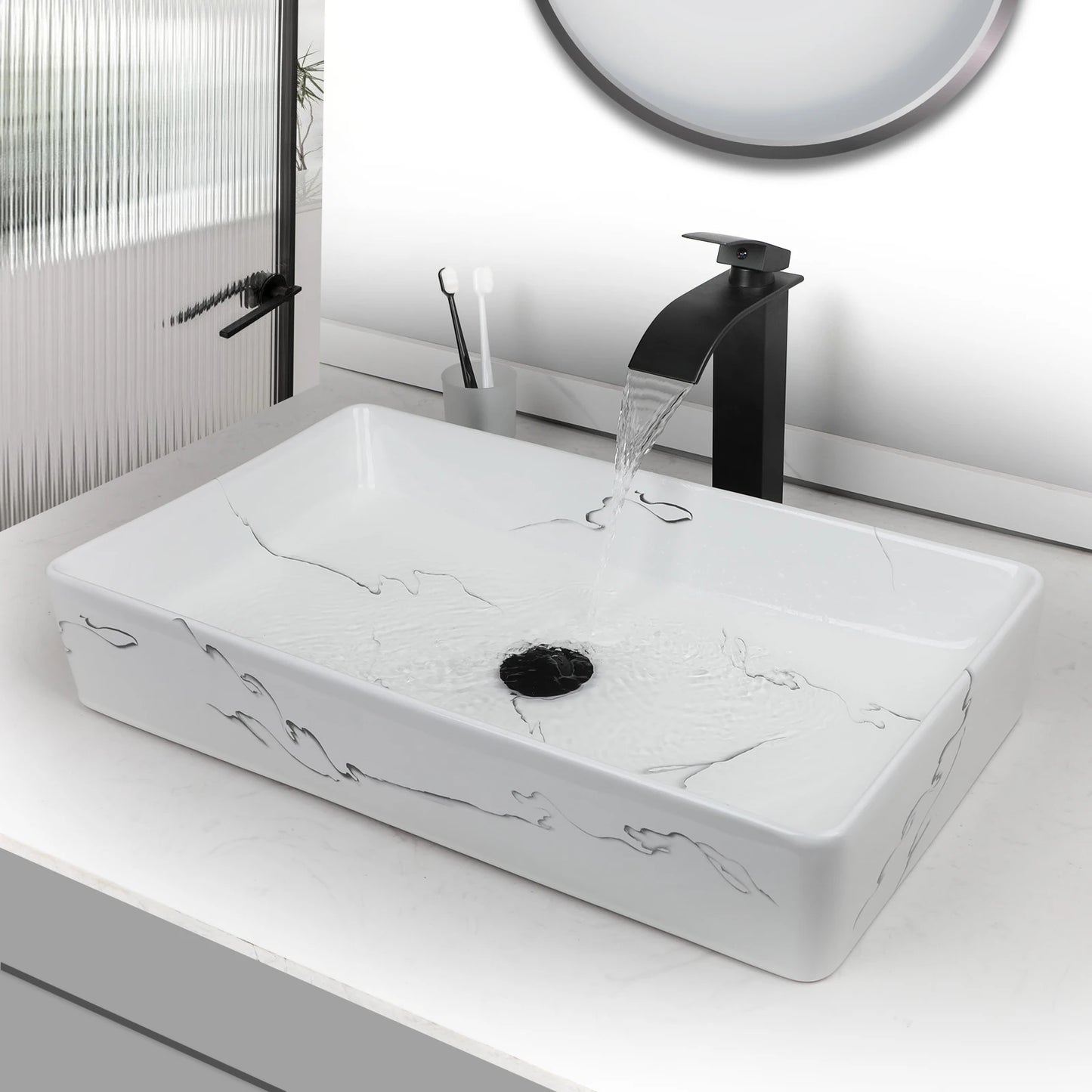 KEMAIDI Rectangular Marble Ceramic Vessel Sink With Faucet Set