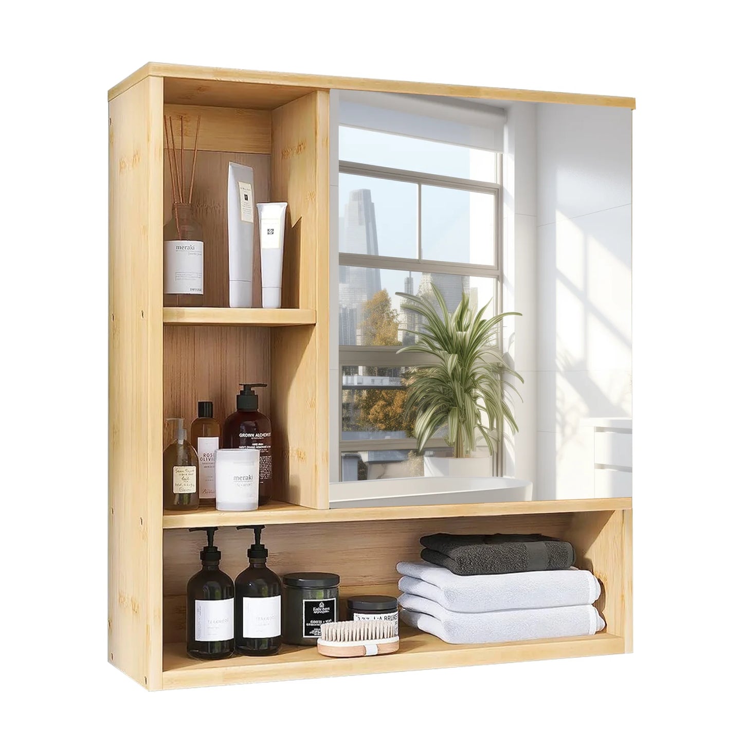 Wisfor Bamboo Bathroom Cabinet With Mirror Shelves