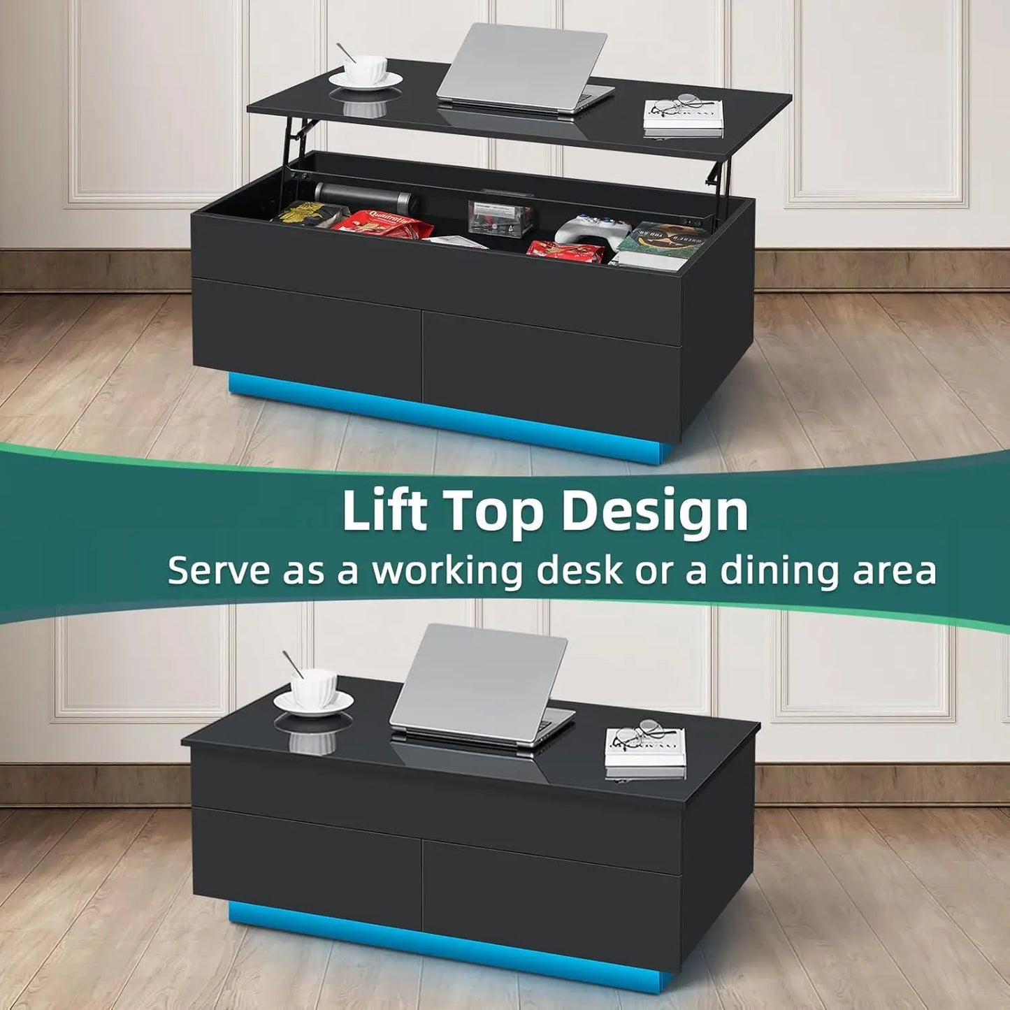 Lift Top Coffee Table With Storage And LED Modern Design