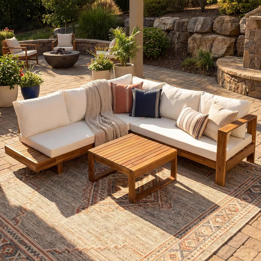 Acacia Wood Outdoor Slatted 4 Piece Sectional Sofa Set Cushions