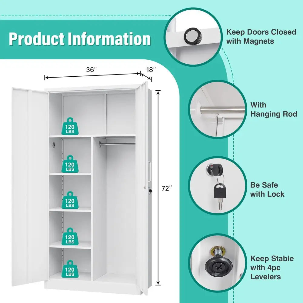 Deep Metal Storage Cabinet With Hanging Rod And Lock
