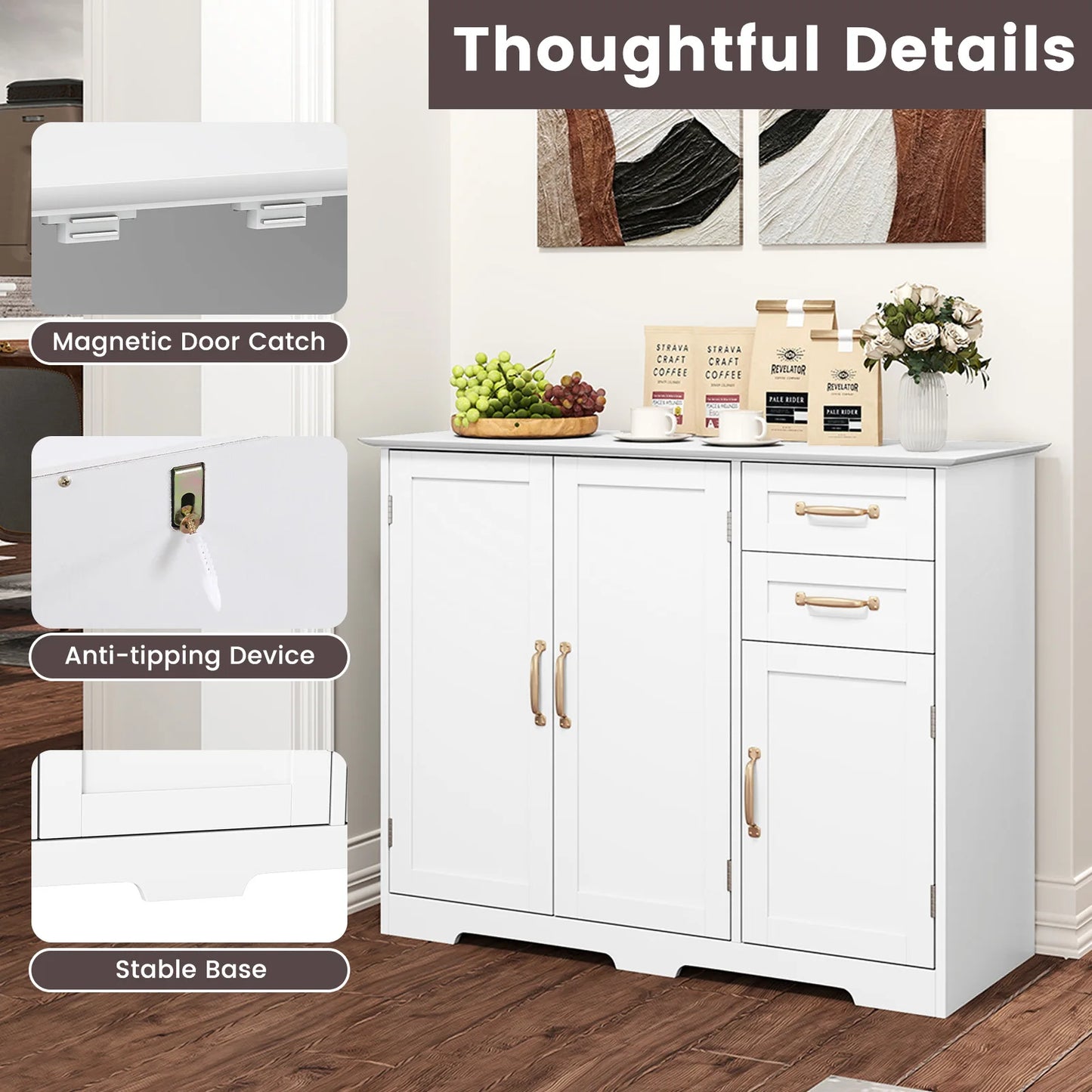 HOMASIS Sideboard Buffet Cabinet Modern Kitchen Storage Organizer With Drawers