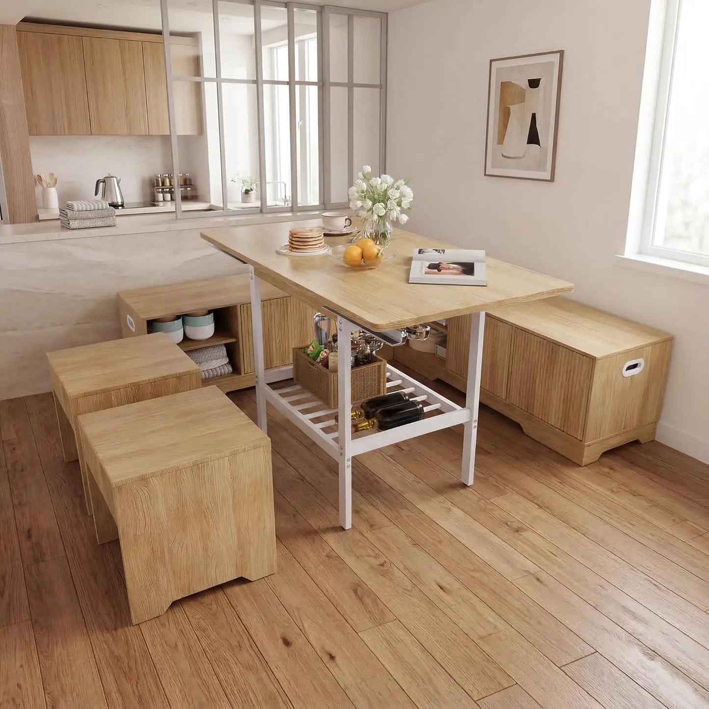 GUOHE Extendable Breakfast Nook Set With Storage Benches And Stools