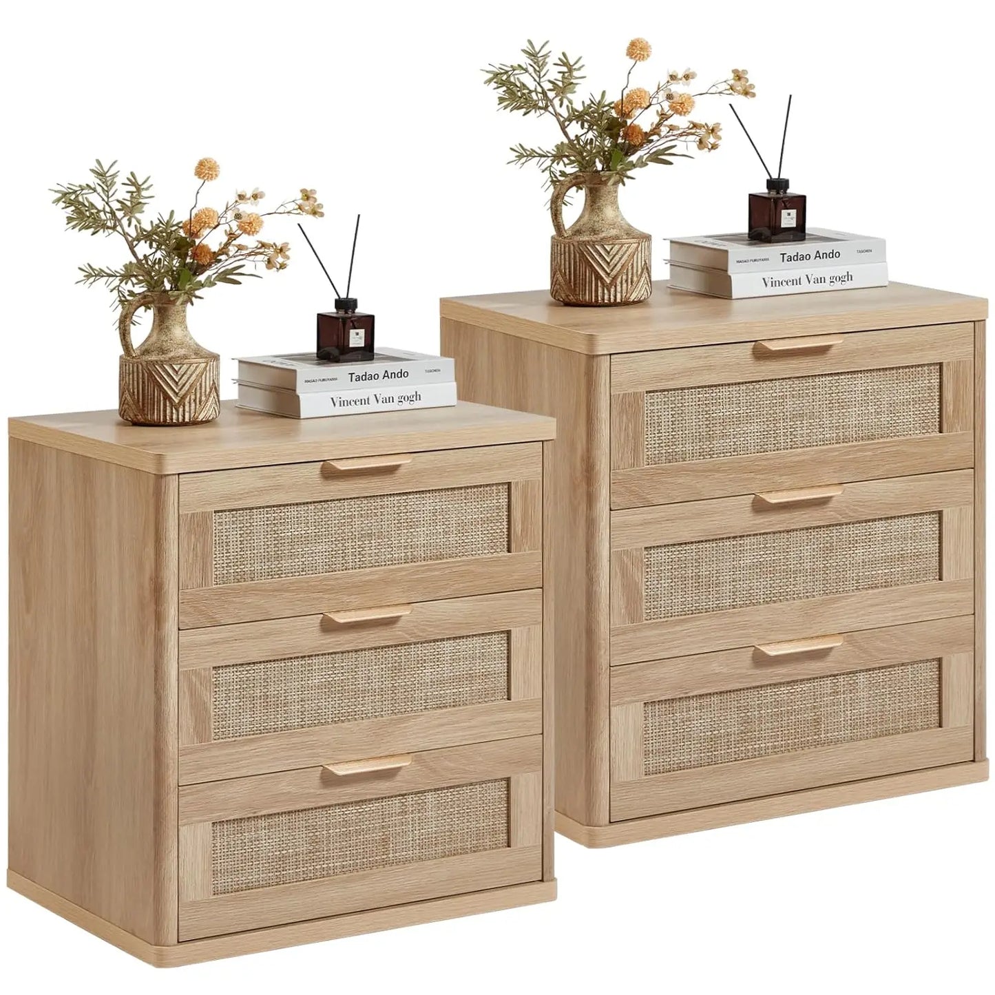 Rattan Nightstand Set Of 2 Boho Natural Wood Bedside Tables With Drawers