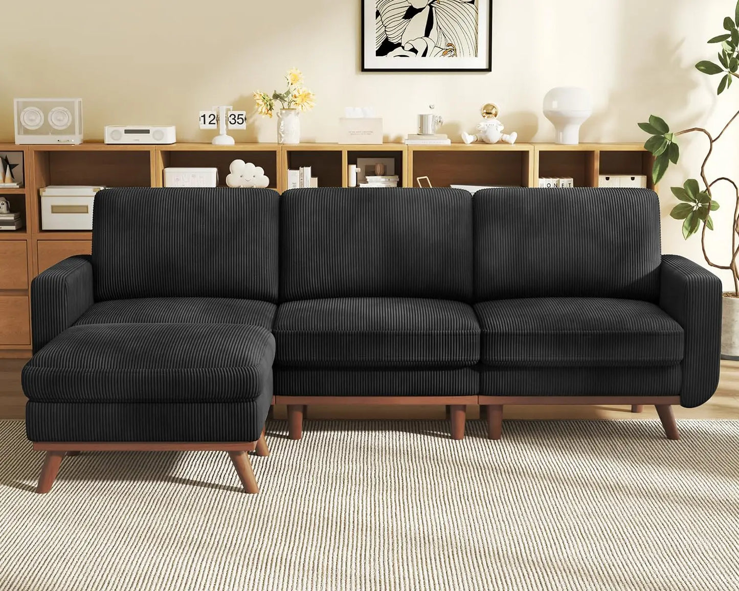L Shape Modular Sectional Sofa 3 Seat Corduroy Movable Ottoman