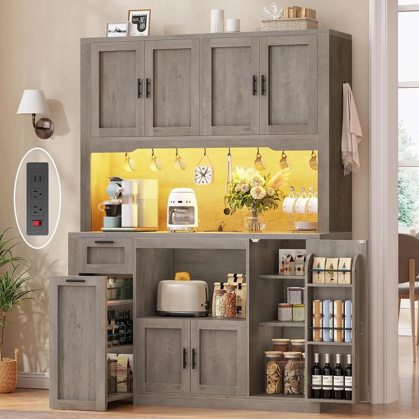Pantry Cabinet With Charging Station And LED Light