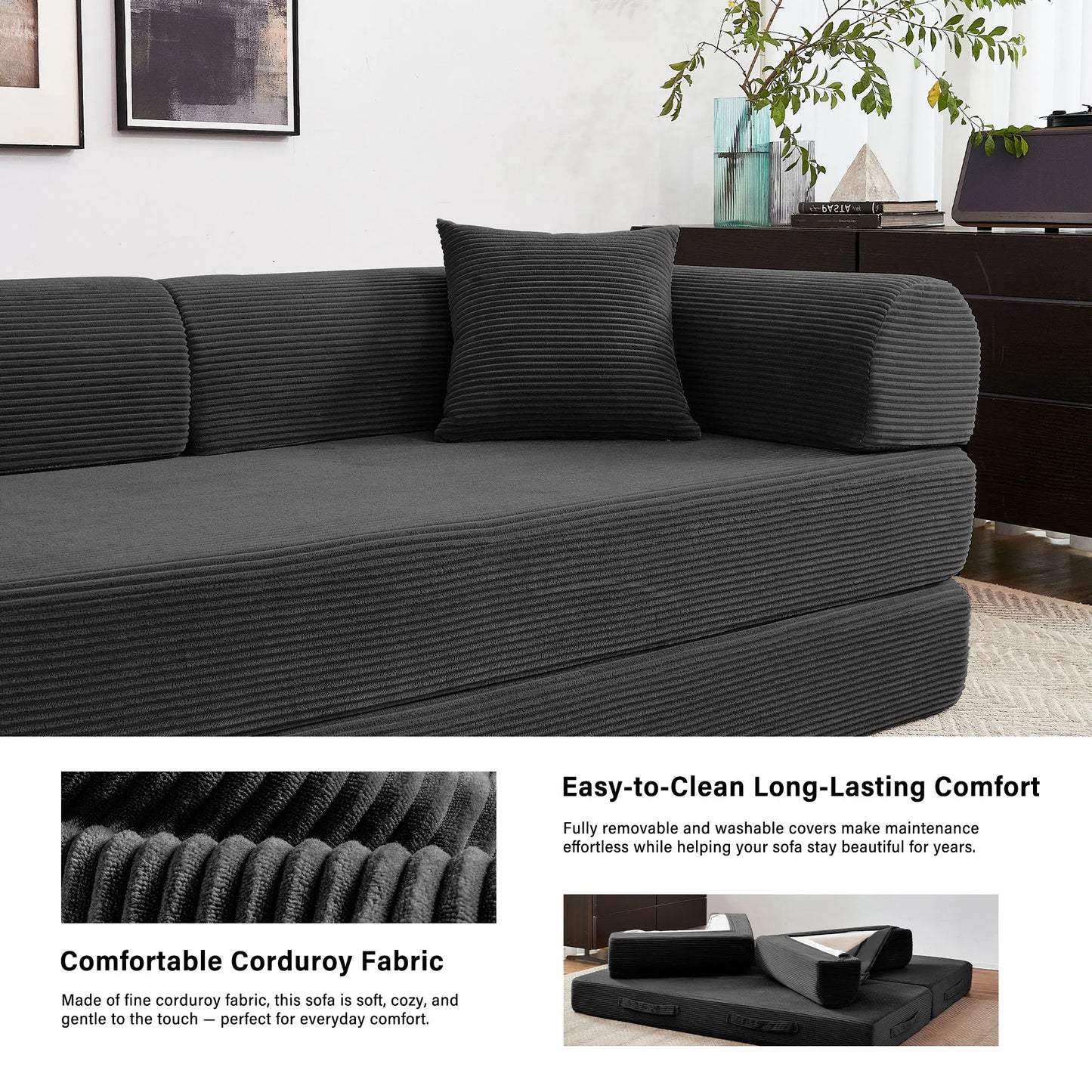 Foldable Convertible Futon Sofa Bed With L Shaped Arms