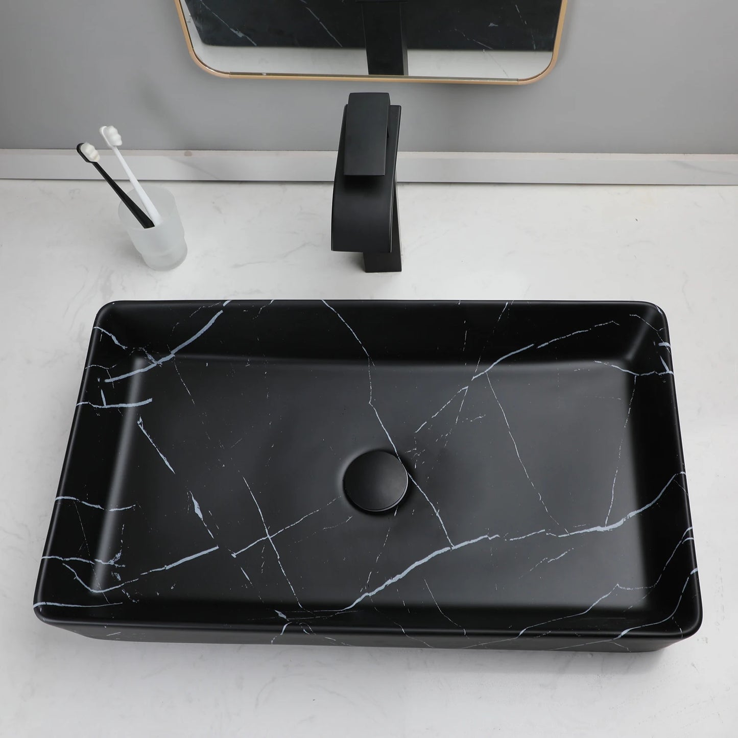 KEMAIDI Rectangular Marble Ceramic Vessel Sink With Faucet Set