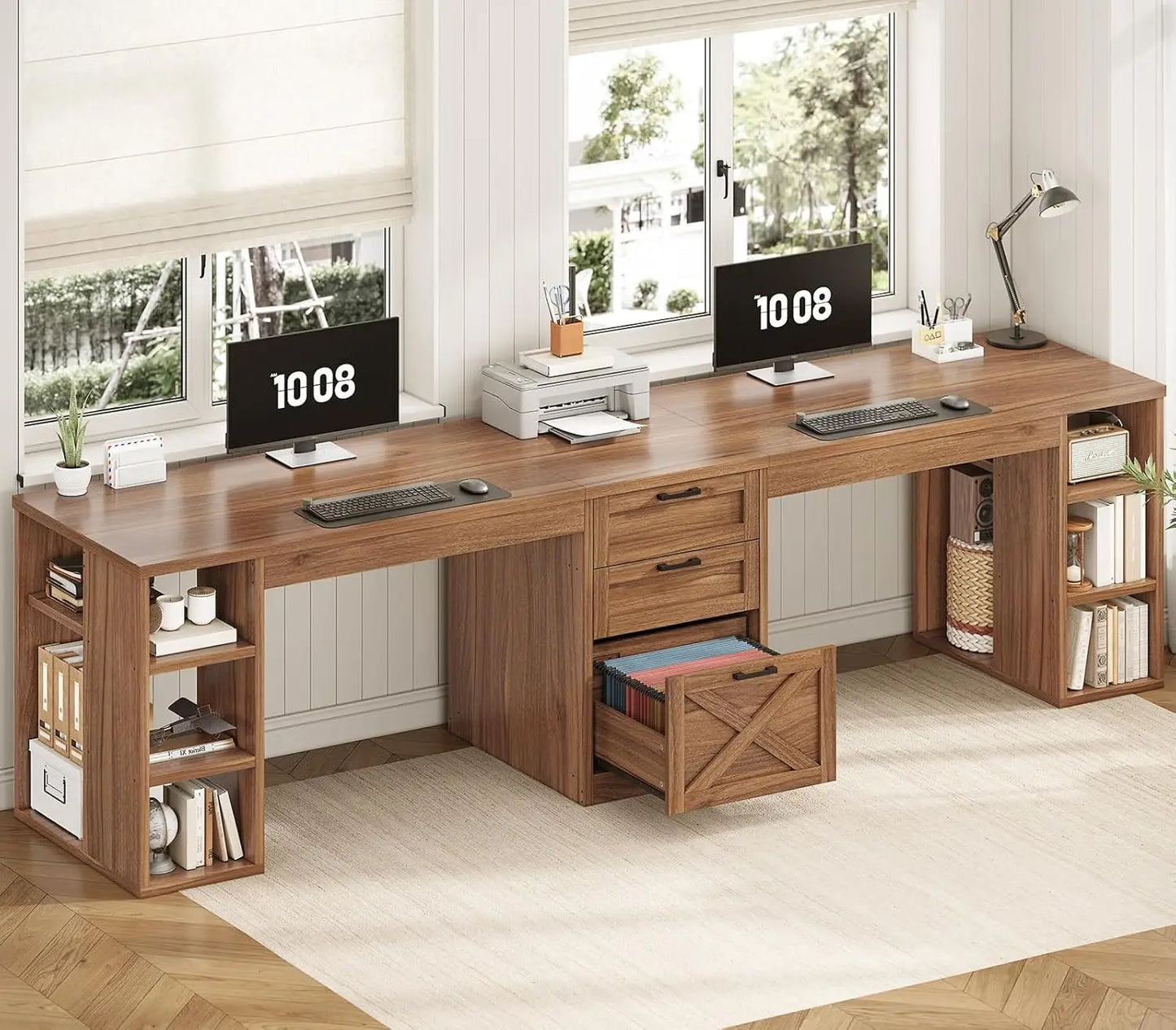 Farmhouse Computer Desk With Drawers And Storage Shelves For Home Office