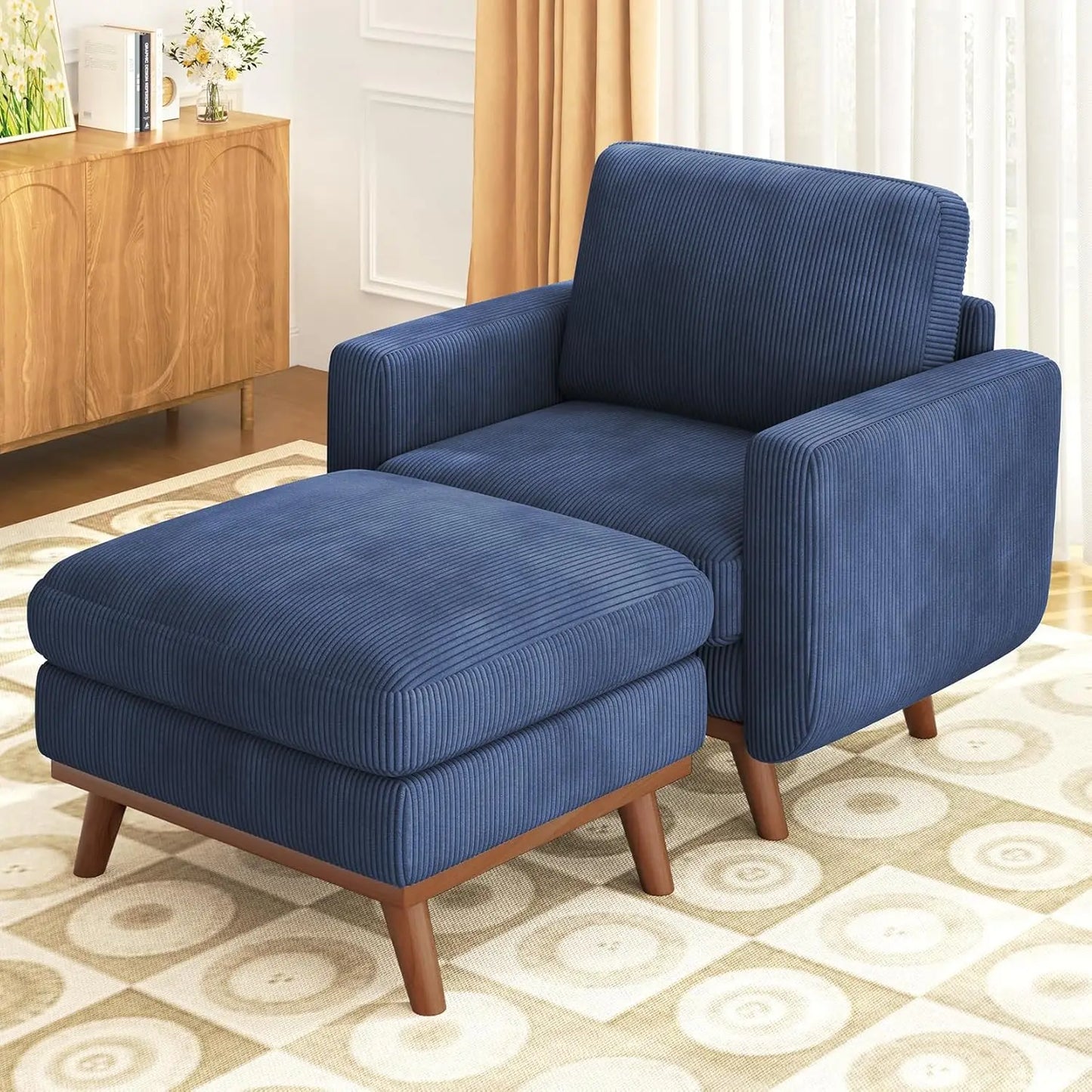 L Shape Modular Sectional Sofa 3 Seat Corduroy Movable Ottoman
