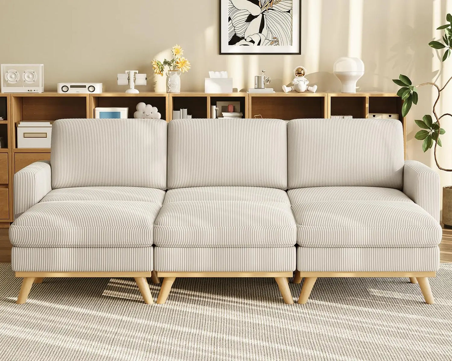 L Shape Modular Sectional Sofa 3 Seat Corduroy Movable Ottoman